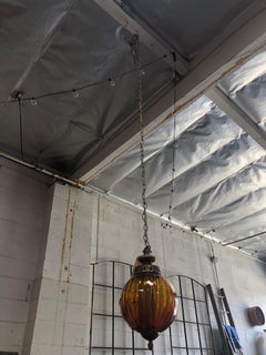 Vintage Amber Glass Hanging Pendant with Brass Detailing