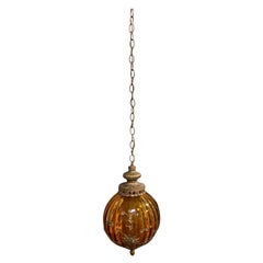 Vintage Amber Glass Hanging Pendant with Brass Detailing