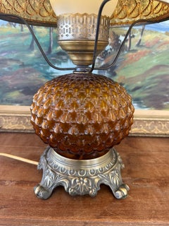 Vintage Amber Glass Hurricane Lamp with Diamond Point Hobnail Pattern