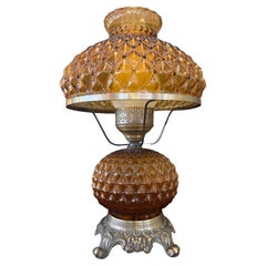 Vintage Amber Glass Hurricane Lamp with Diamond Point Hobnail Pattern