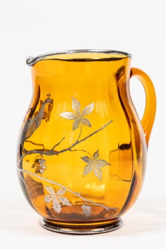 Vintage Amber Glass Pitcher with Sterling Silver Overlay
