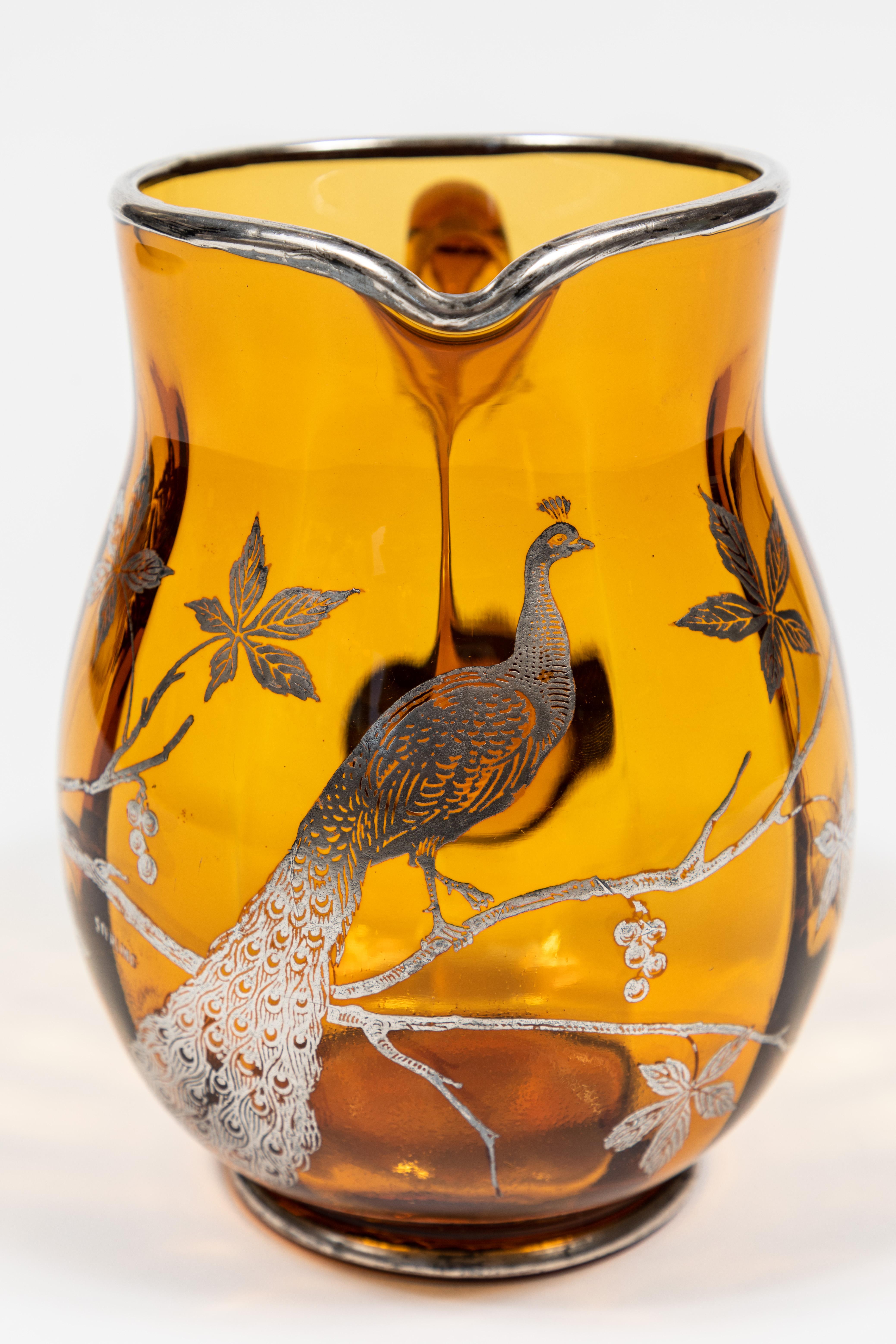 Vintage Amber Glass Pitcher with Sterling Silver Overlay In Excellent Condition In Pasadena, CA