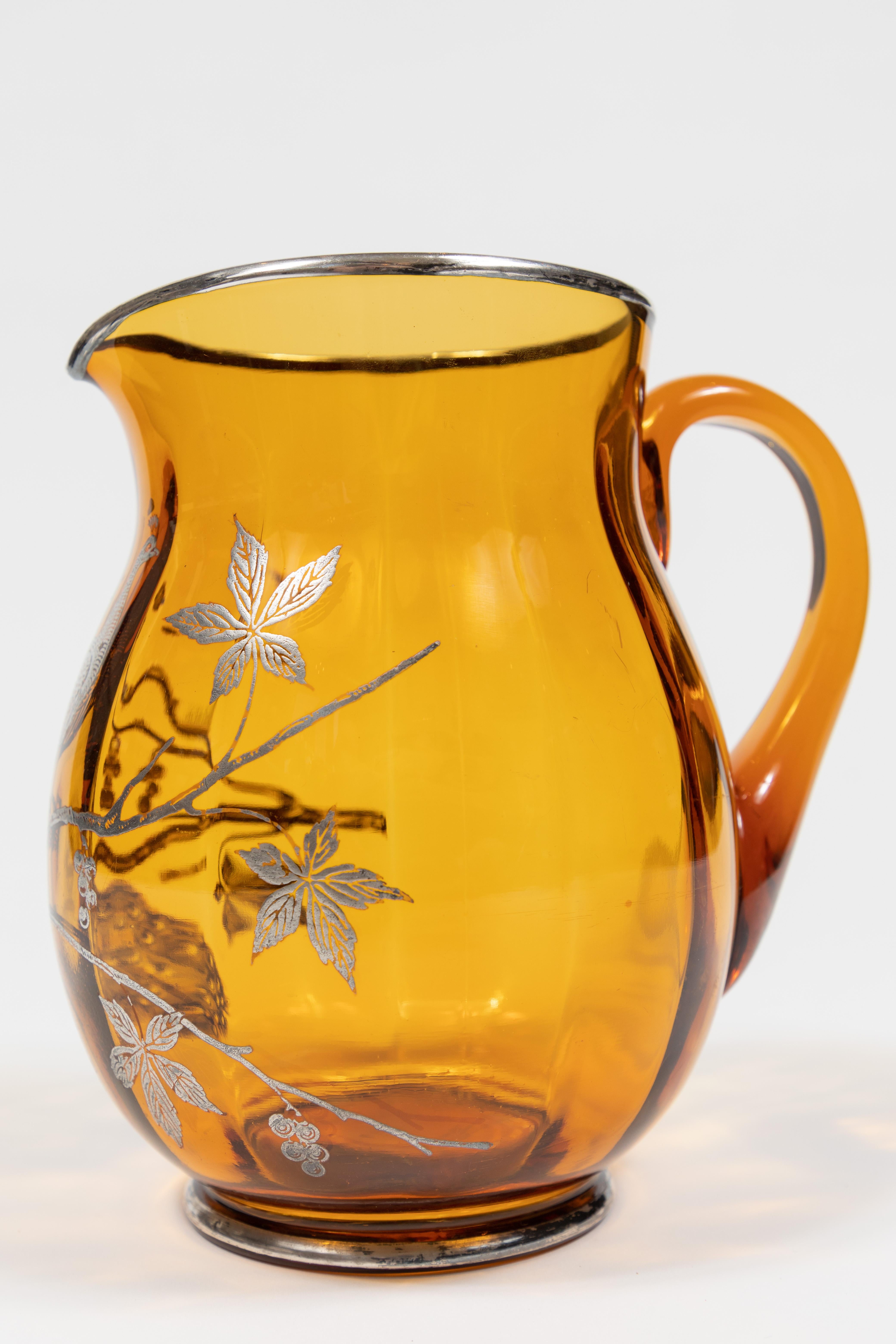 Vintage Amber Glass Pitcher with Sterling Silver Overlay 2