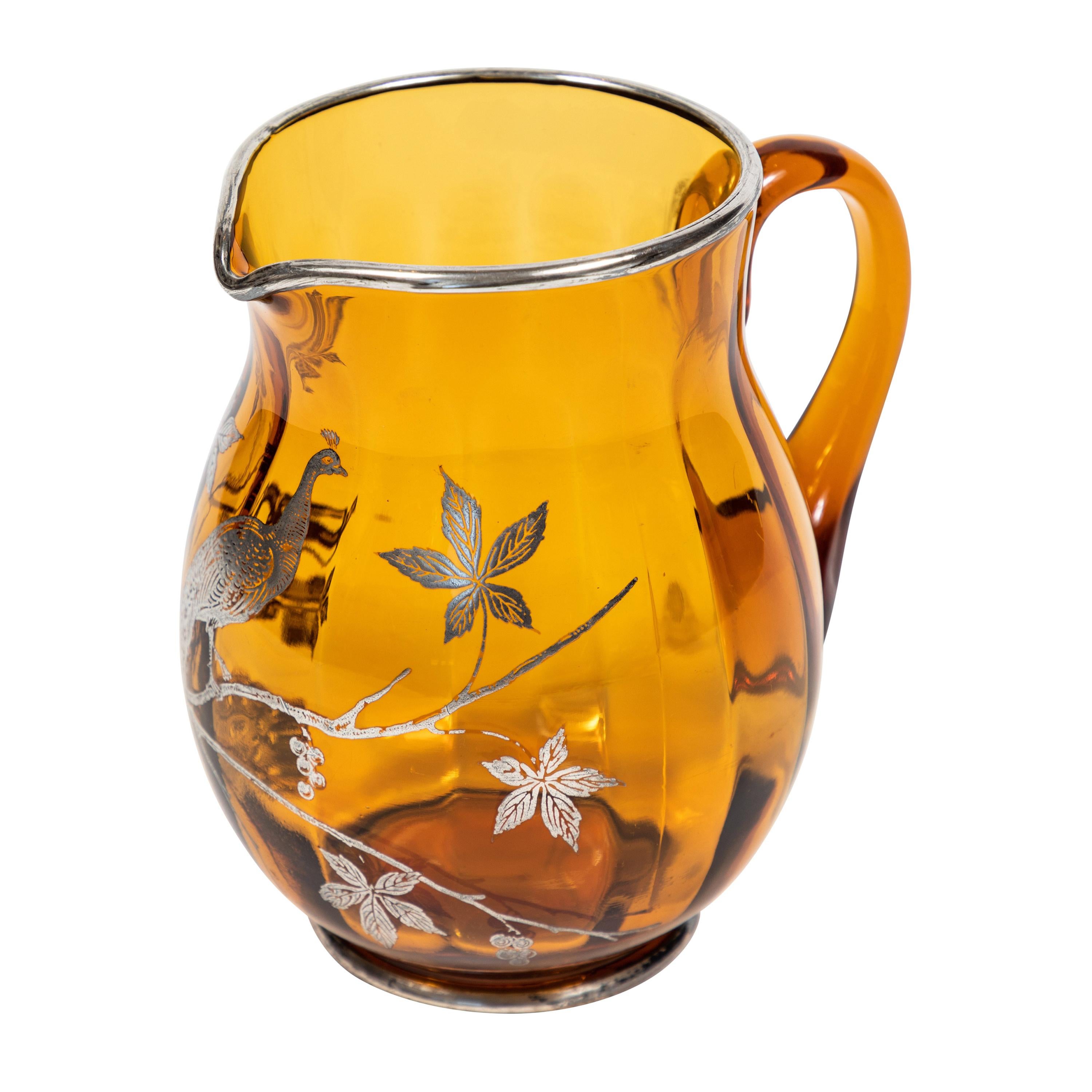 Vintage Amber Glass Pitcher with Sterling Silver Overlay