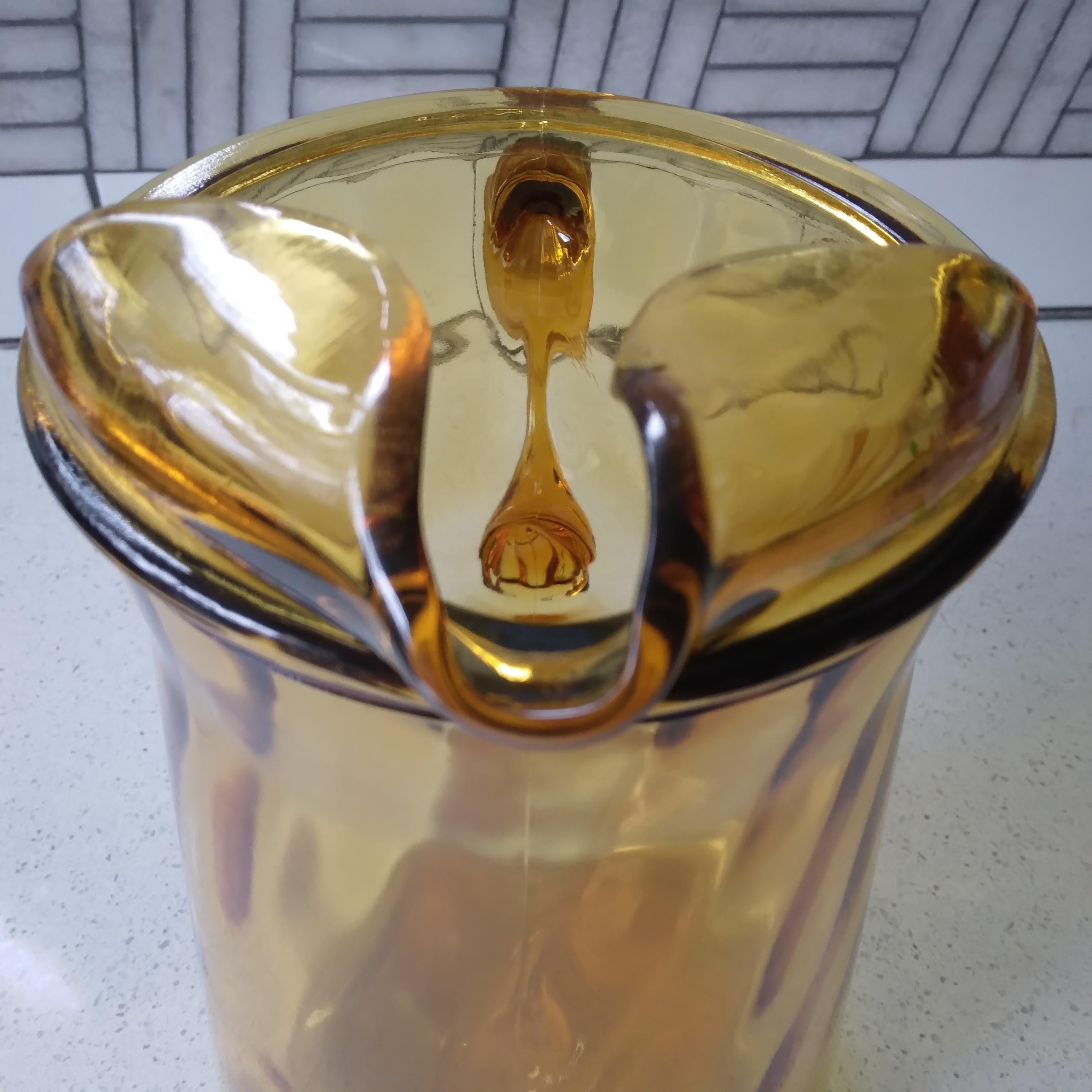 Mid-Century Modern Vintage Amber Glass Pitcher with Swirl Pattern For Sale