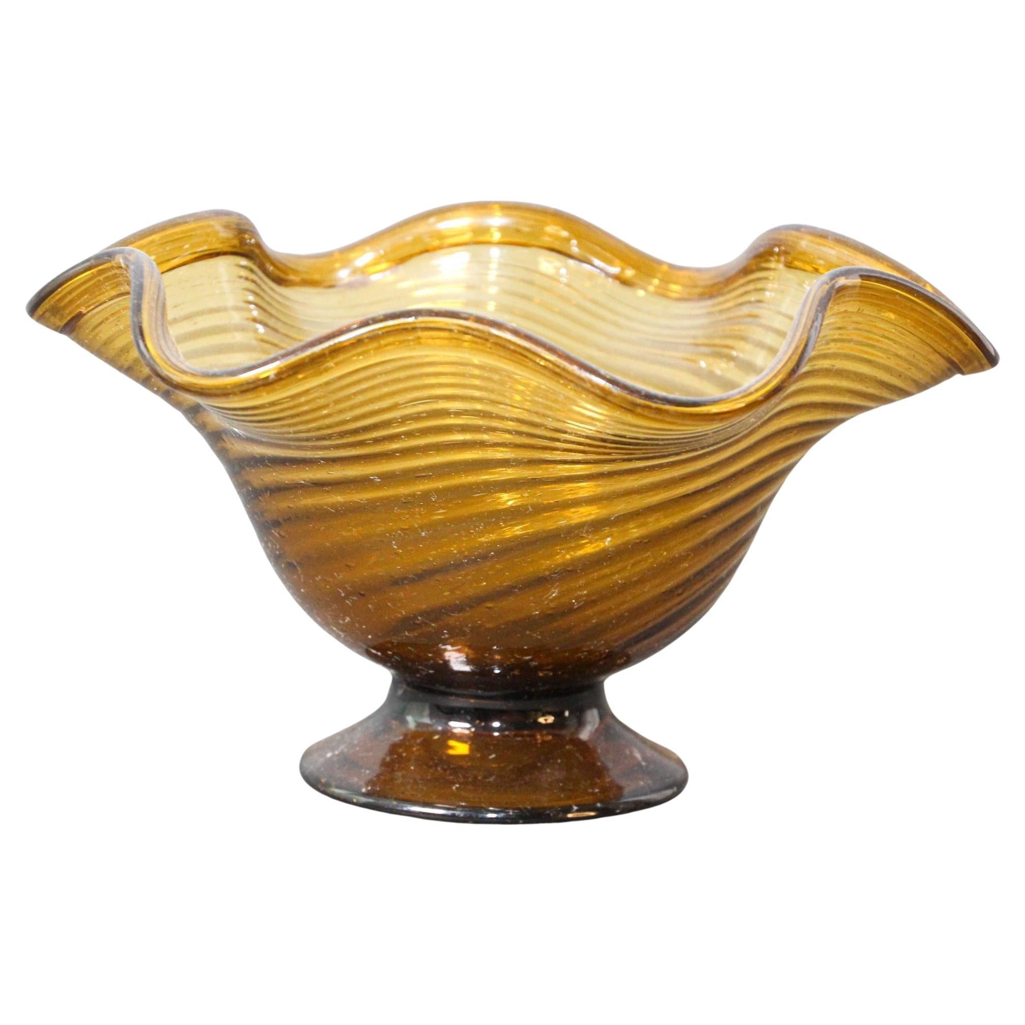 Vintage Amber Murano Art Glass Decorative Footed Fruit Bowl 1960s Italy For Sale