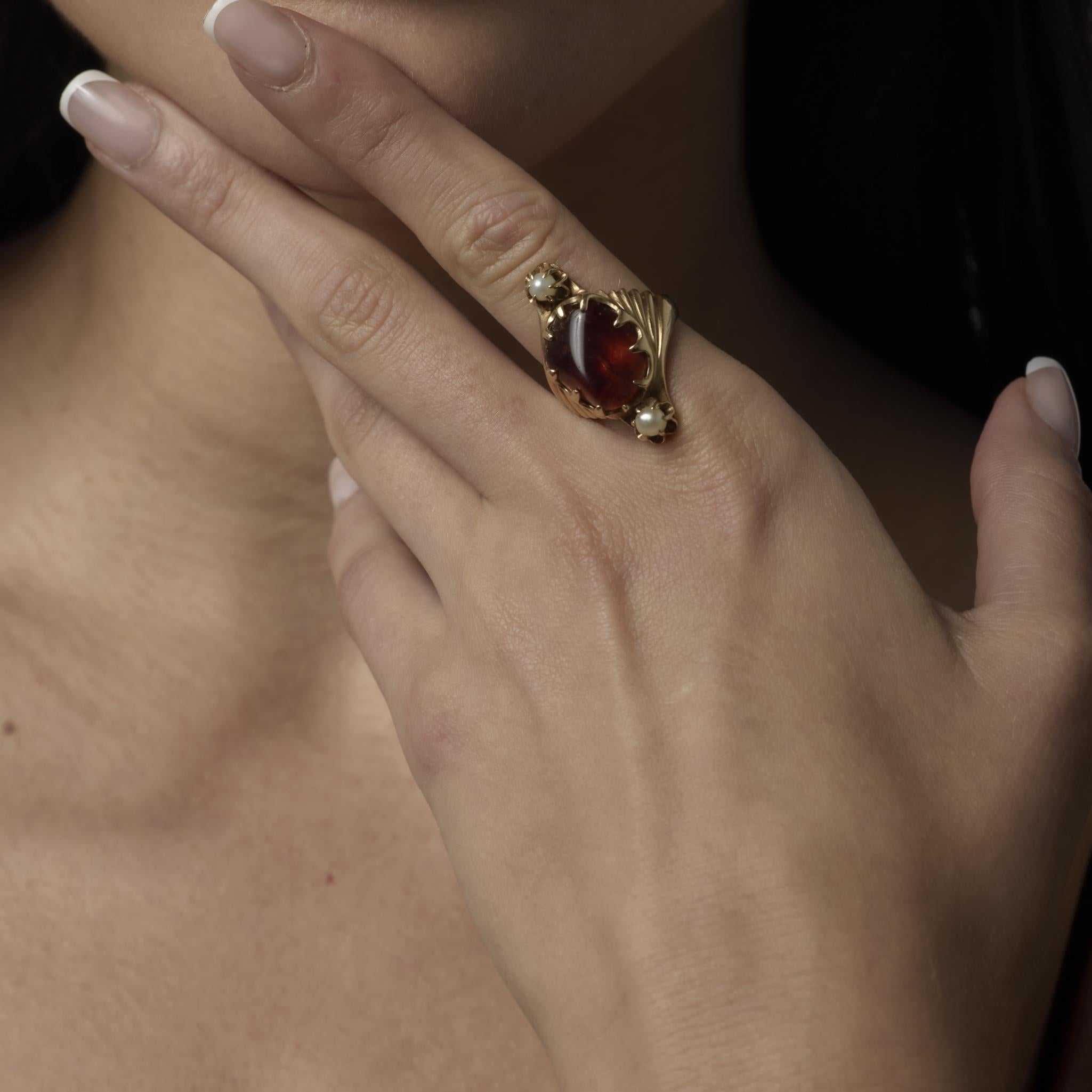 De las mujeres Anillo de cóctel vintage de oro amarillo de 14k con perla de ámbar en venta