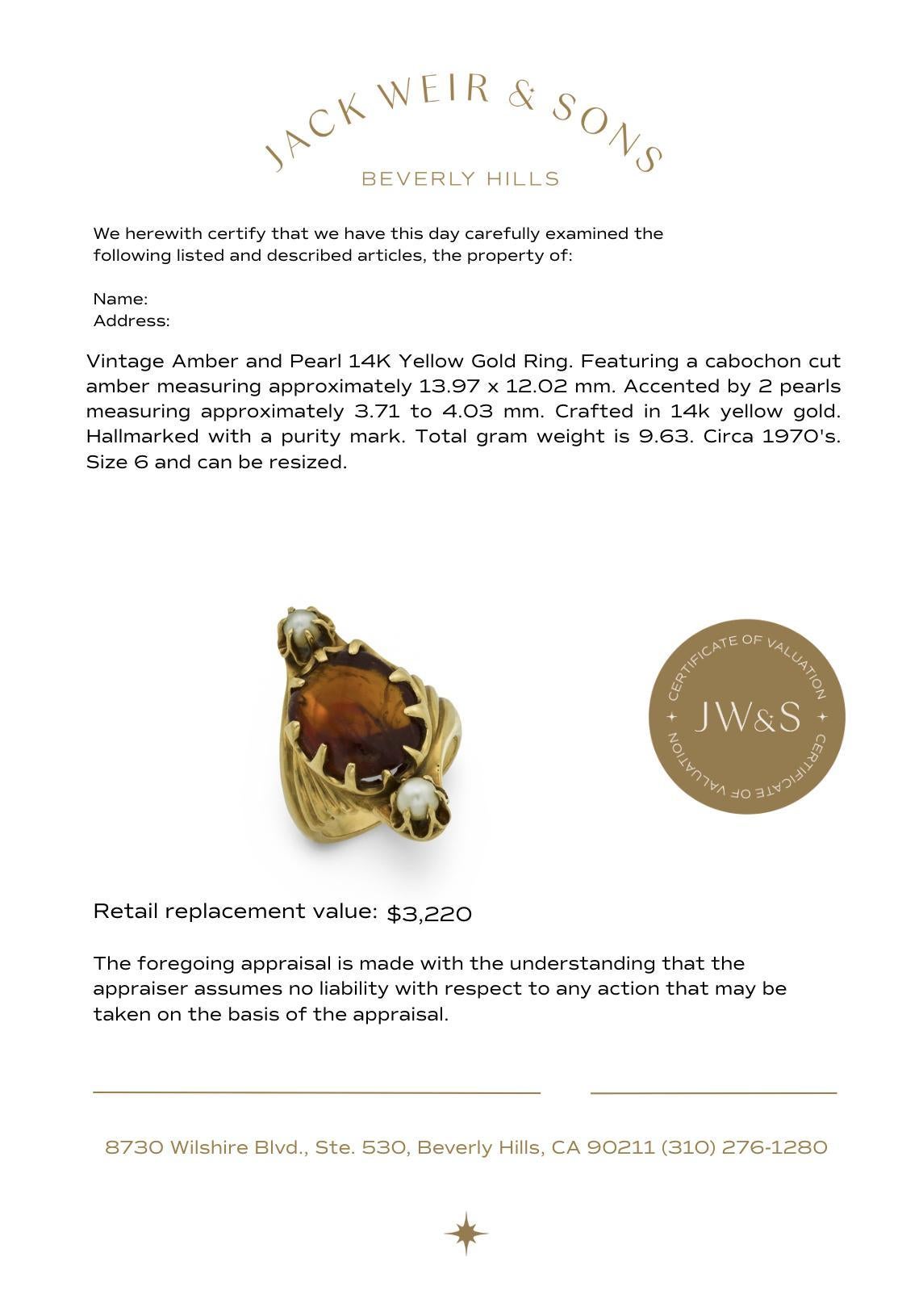 Anillo de cóctel vintage de oro amarillo de 14k con perla de ámbar en venta 2