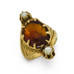 Anello cocktail vintage con perle d'ambra in oro giallo 14k