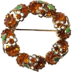 Vintage Amber Rhinestone Floral Wreath Brooch with Enamel Accents, 1950s