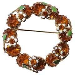 Vintage Amber Rhinestone Floral Wreath Brooch with Enamel Accents, 1950s Vintage Amber Rhinestone Floral Wreath Brooch with Enamel Accents, 1950s