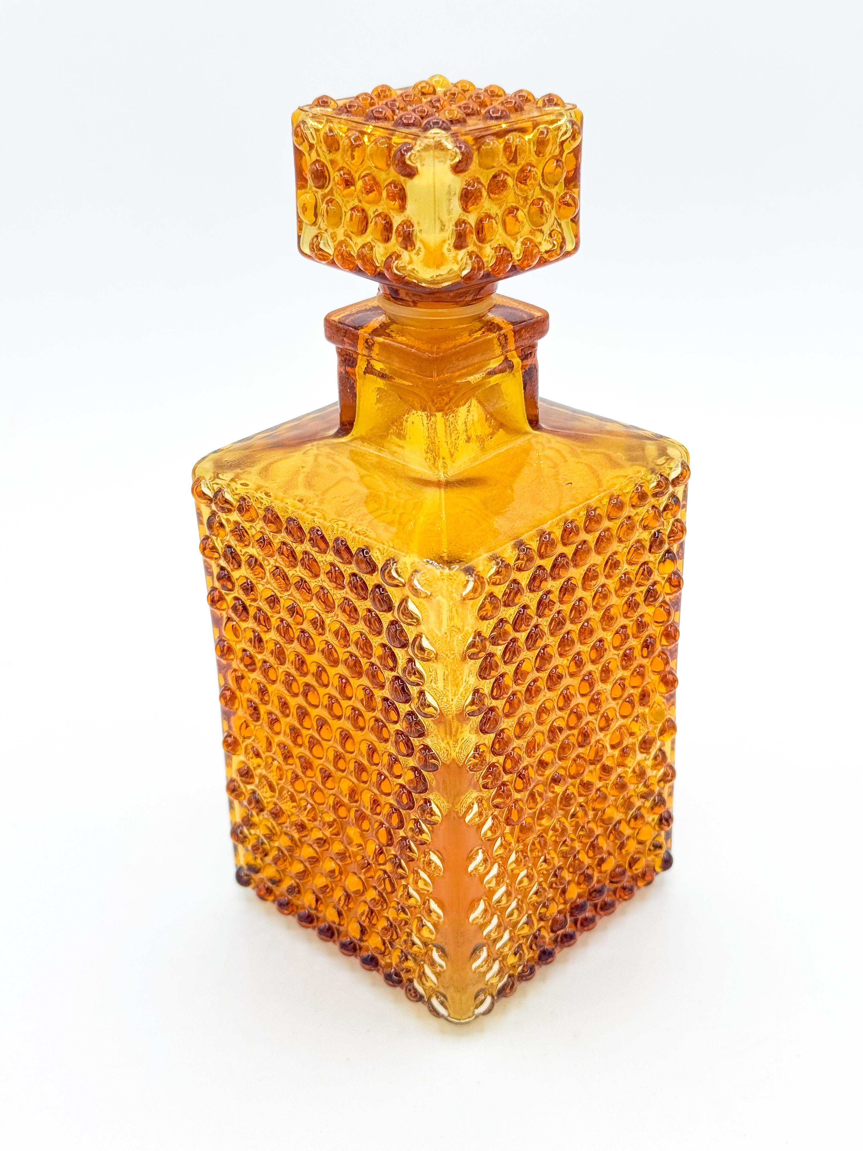 Mid-Century Modern Vintage Amber Square Glass Hobnail Decanter Bottle Carafe Made in Japan Mcm For Sale