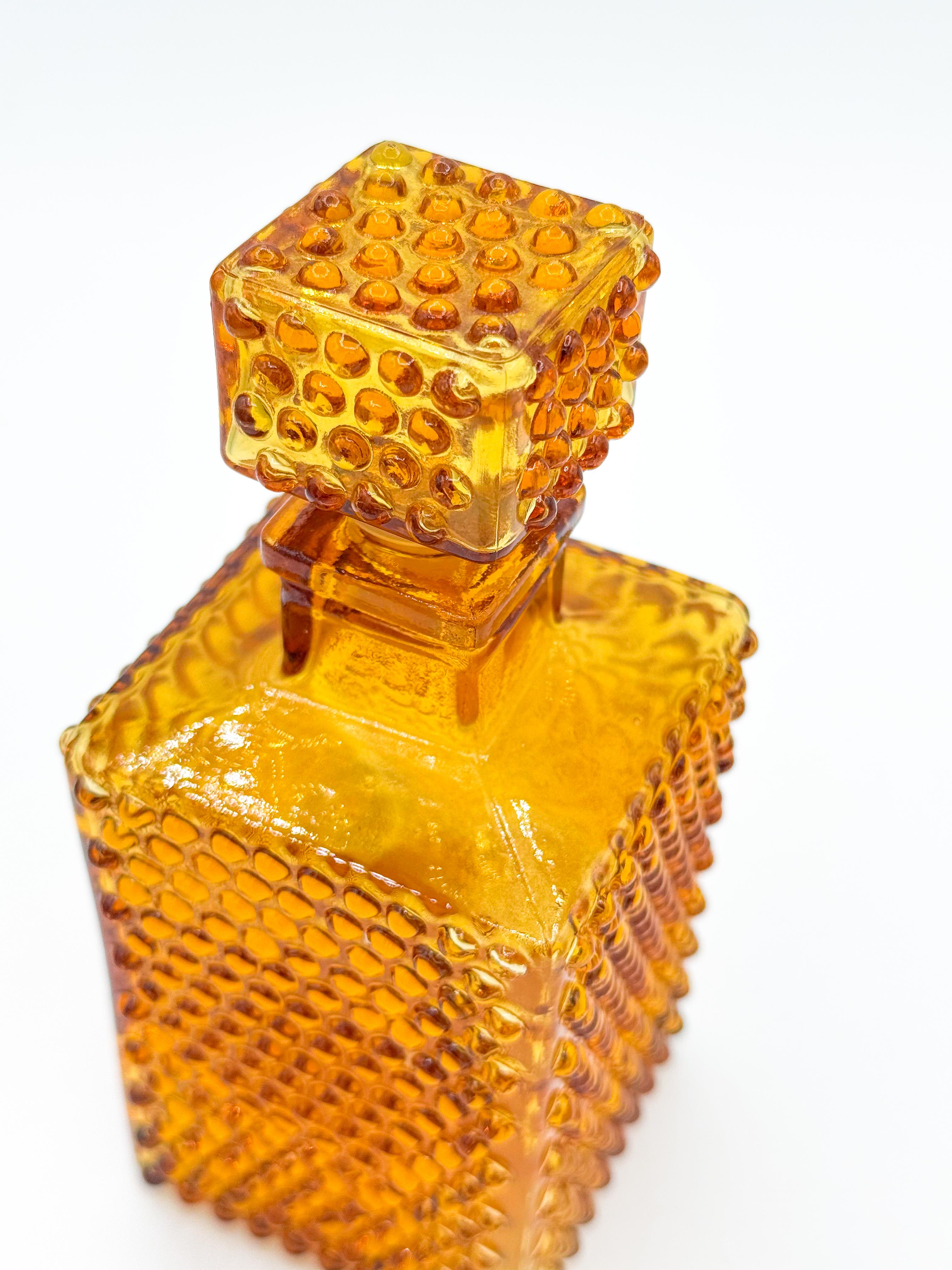 Japanese Vintage Amber Square Glass Hobnail Decanter Bottle Carafe Made in Japan Mcm For Sale