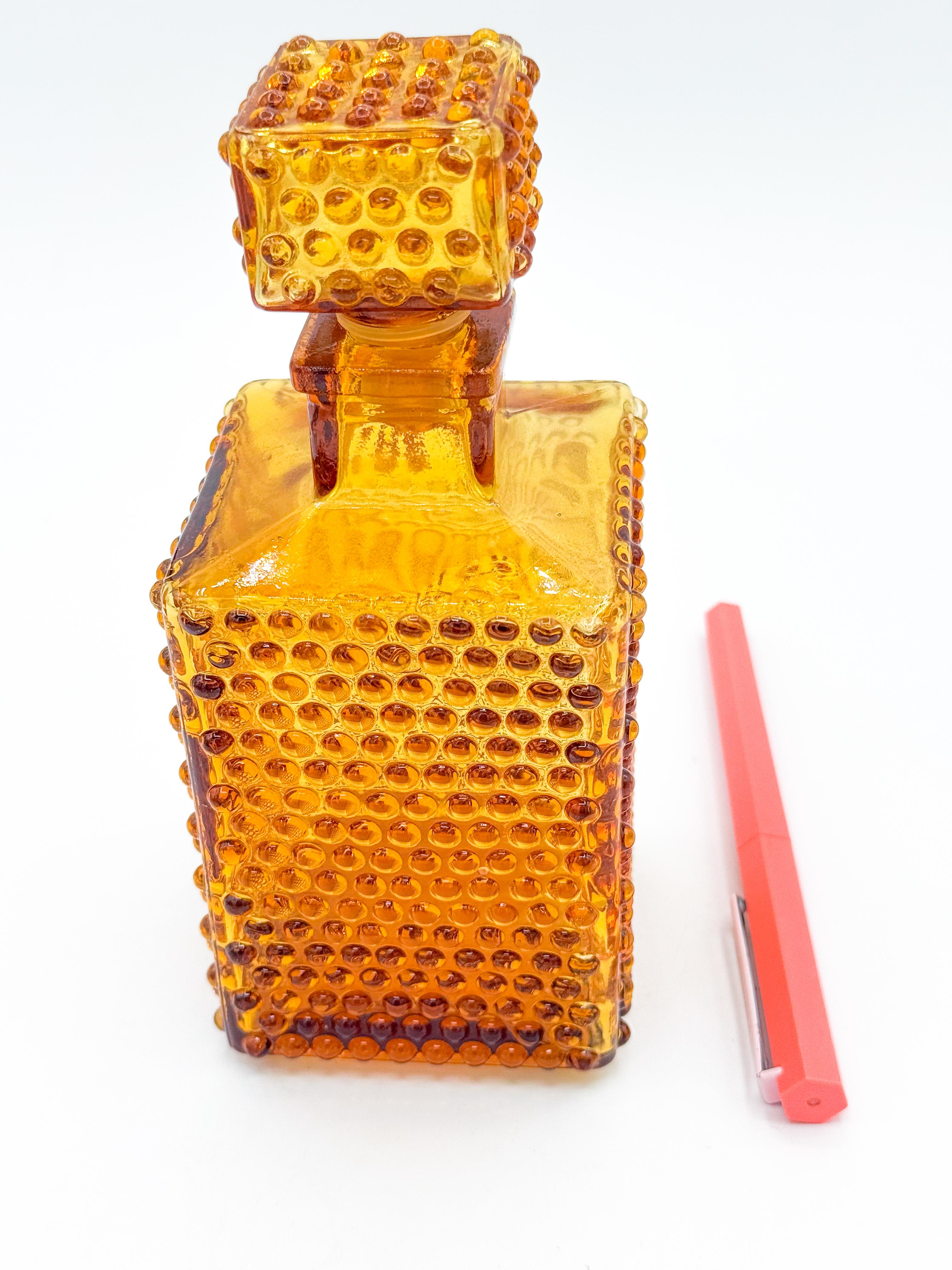20th Century Vintage Amber Square Glass Hobnail Decanter Bottle Carafe Made in Japan Mcm For Sale