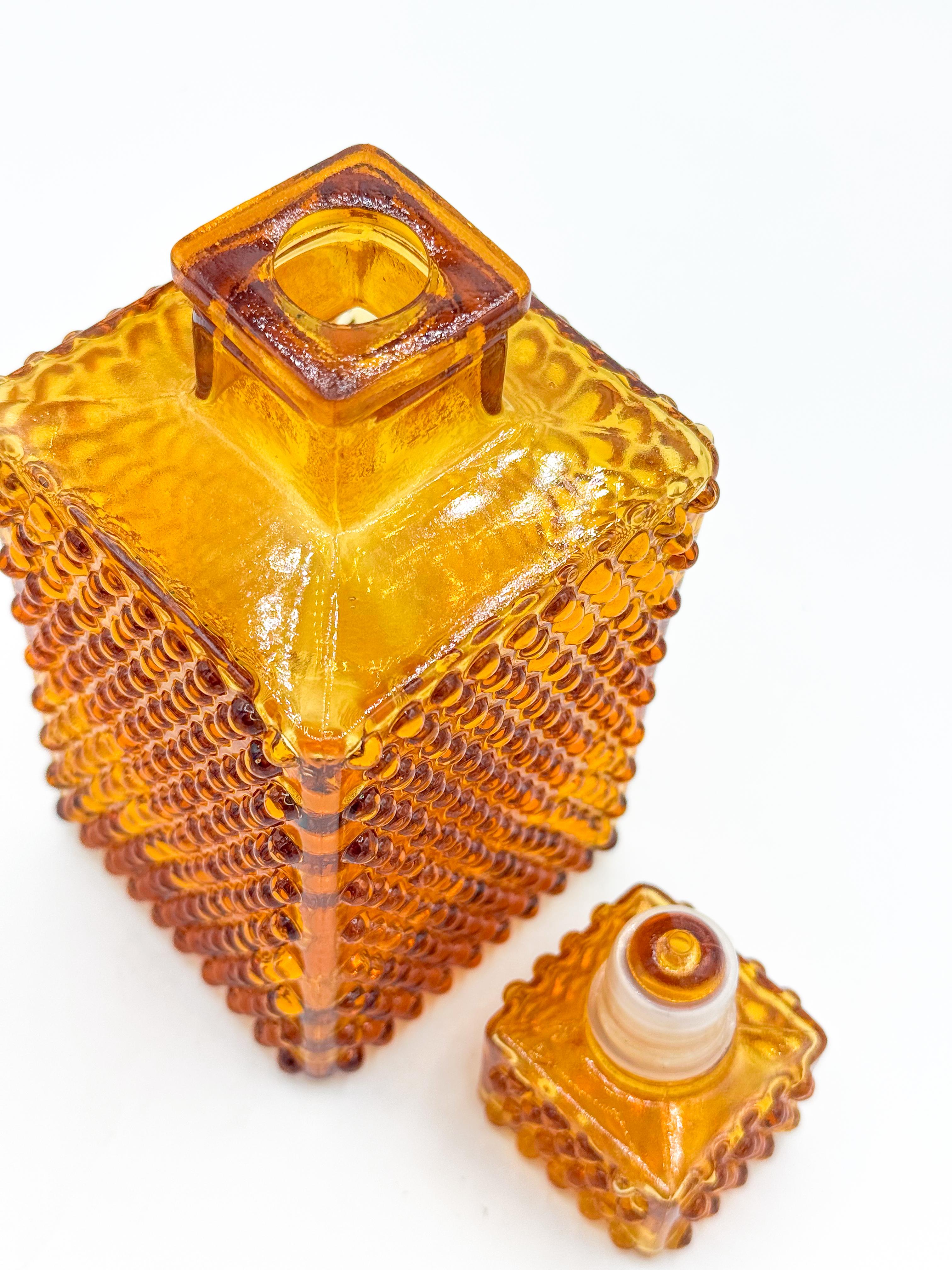 Vintage Amber Square Glass Hobnail Decanter Bottle Carafe Made in Japan Mcm For Sale 1