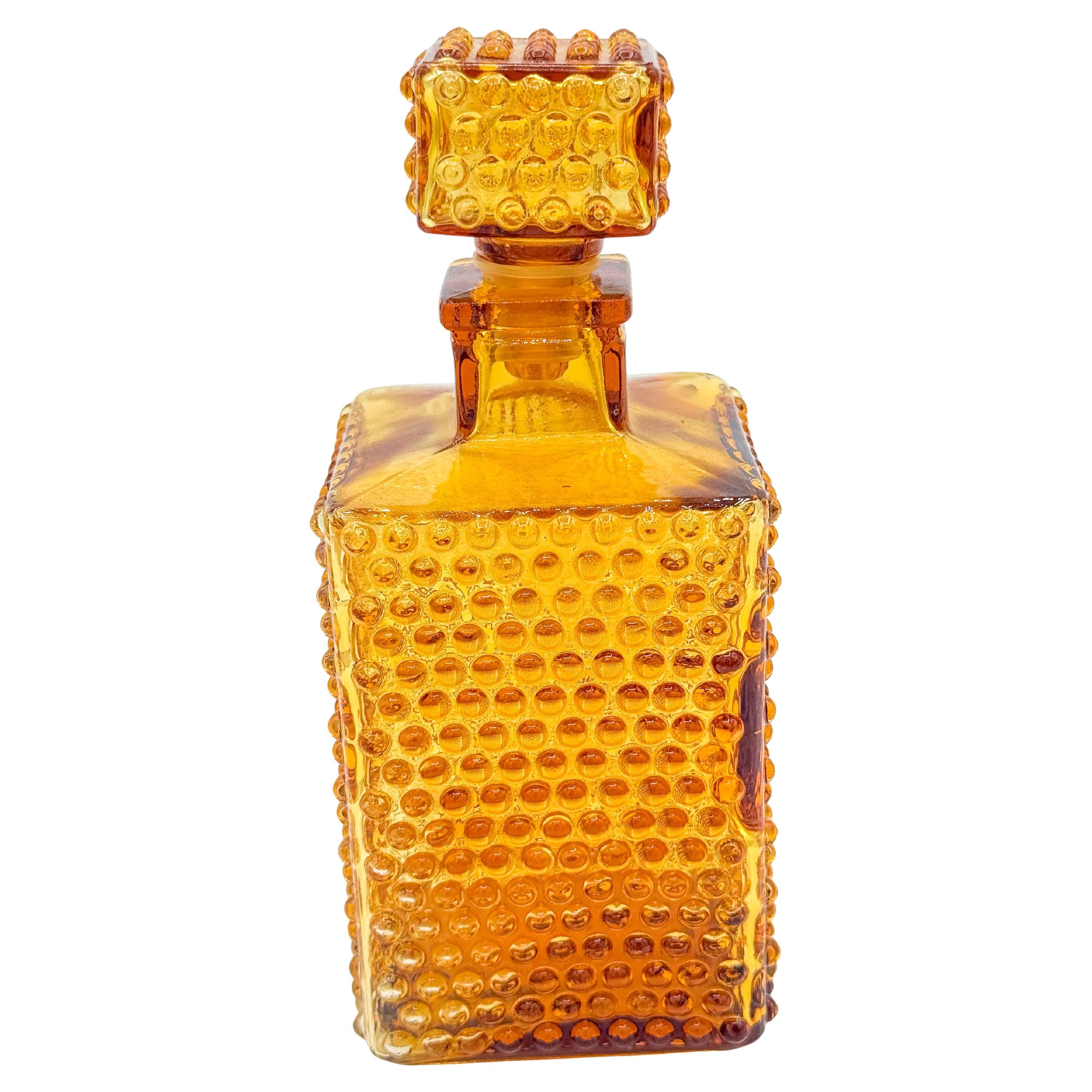 Vintage Amber Square Glass Hobnail Decanter Bottle Carafe Made in Japan Mcm For Sale