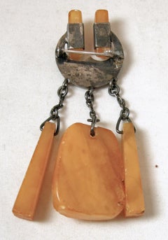 Vintage Amber & Sterling Dangling Brooch