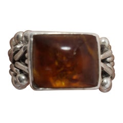 Vintage Amber & Sterling Flexible Ring, Size 7.5