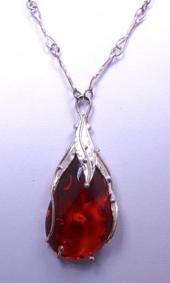 Vintage Amber & Sterling Silver Pendant Necklace