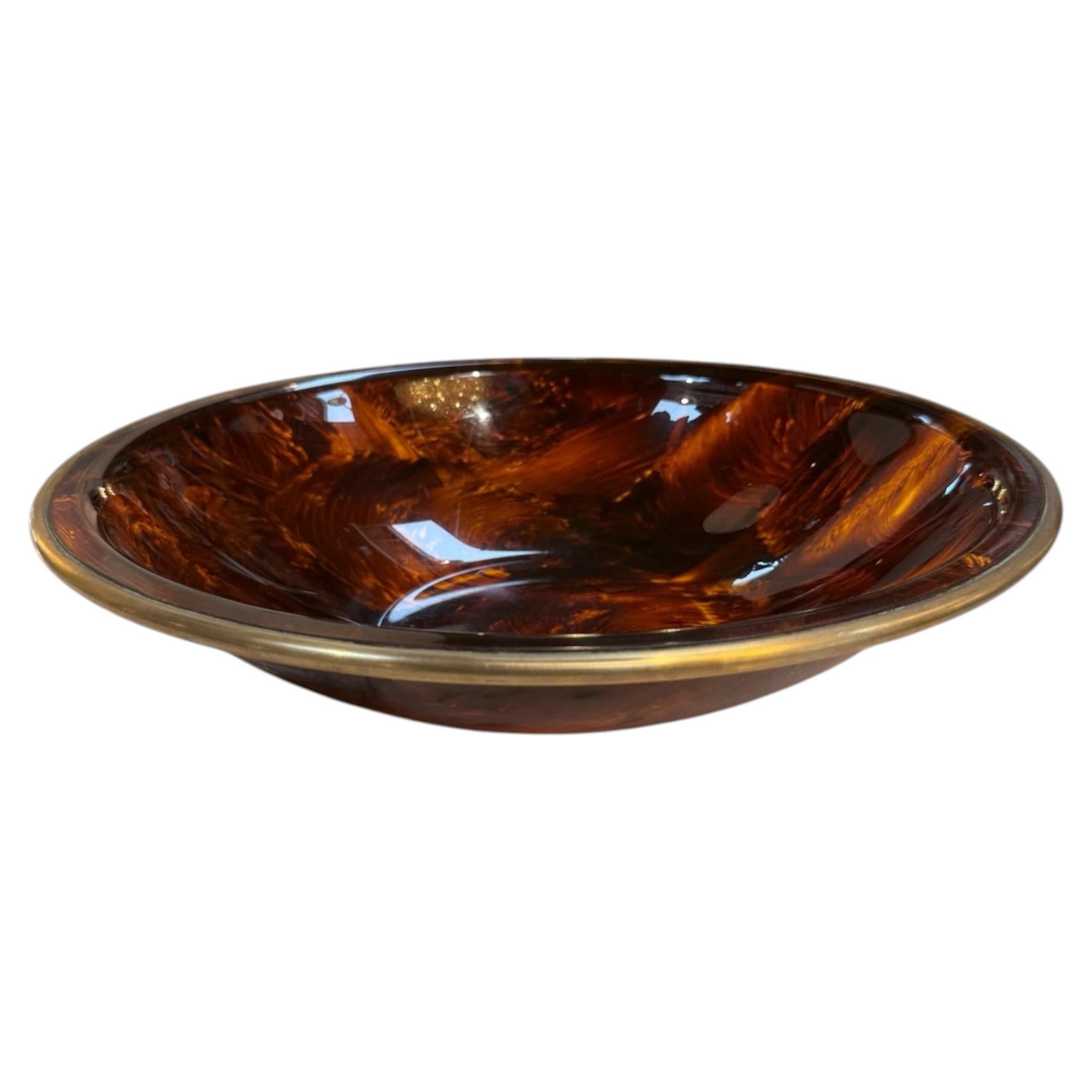 Vintage Amber Swirl Glass Bowl with Brass Rim