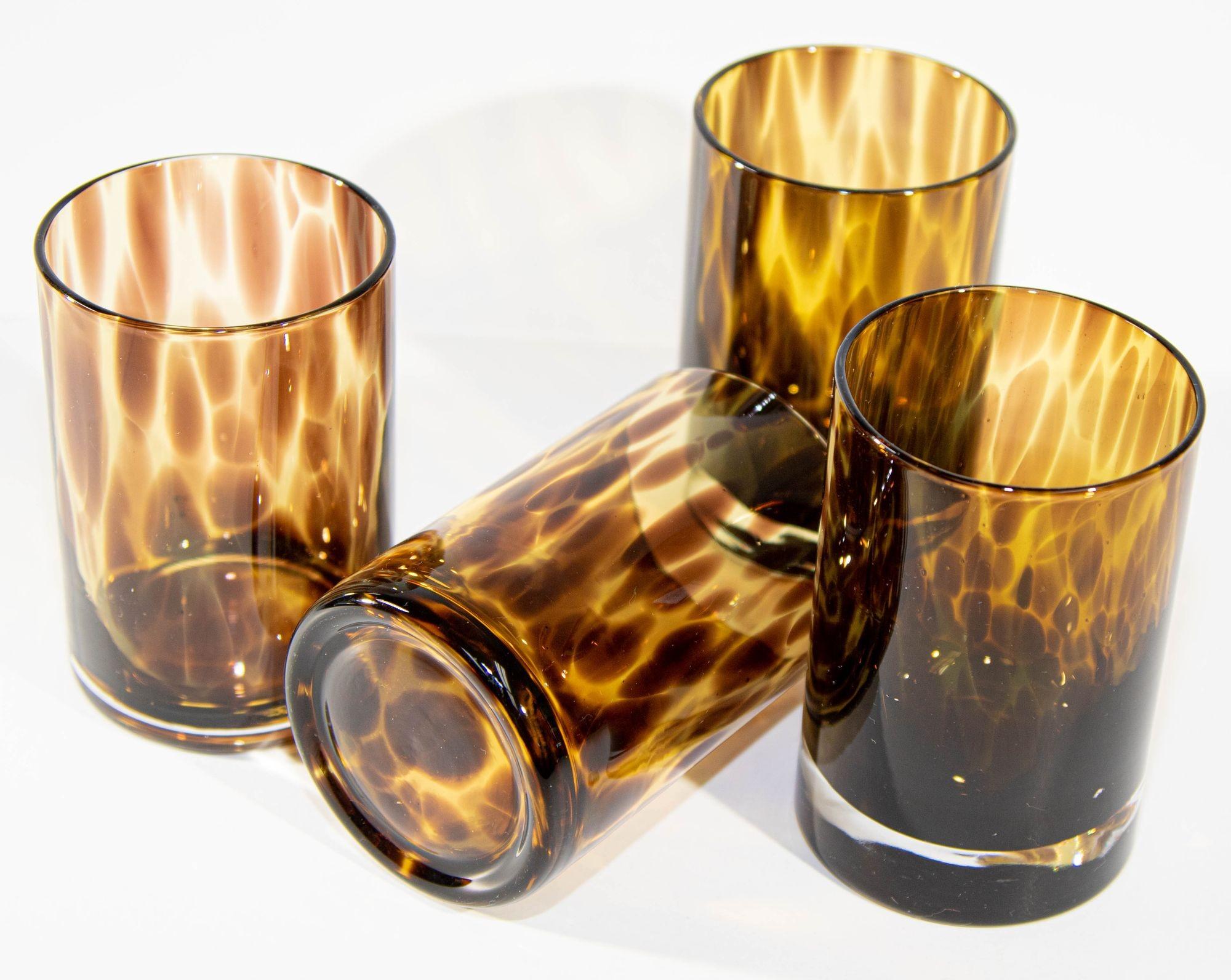 Bohemian Vintage Amber Tortoise Shell Drinking Glasses Set of Four