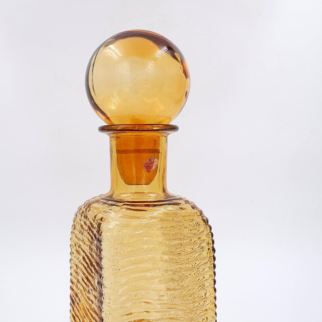 Vintage Amber Wavy Empoli Italian Glass MCM Dekanter Runde Ball Stopper im Angebot 2