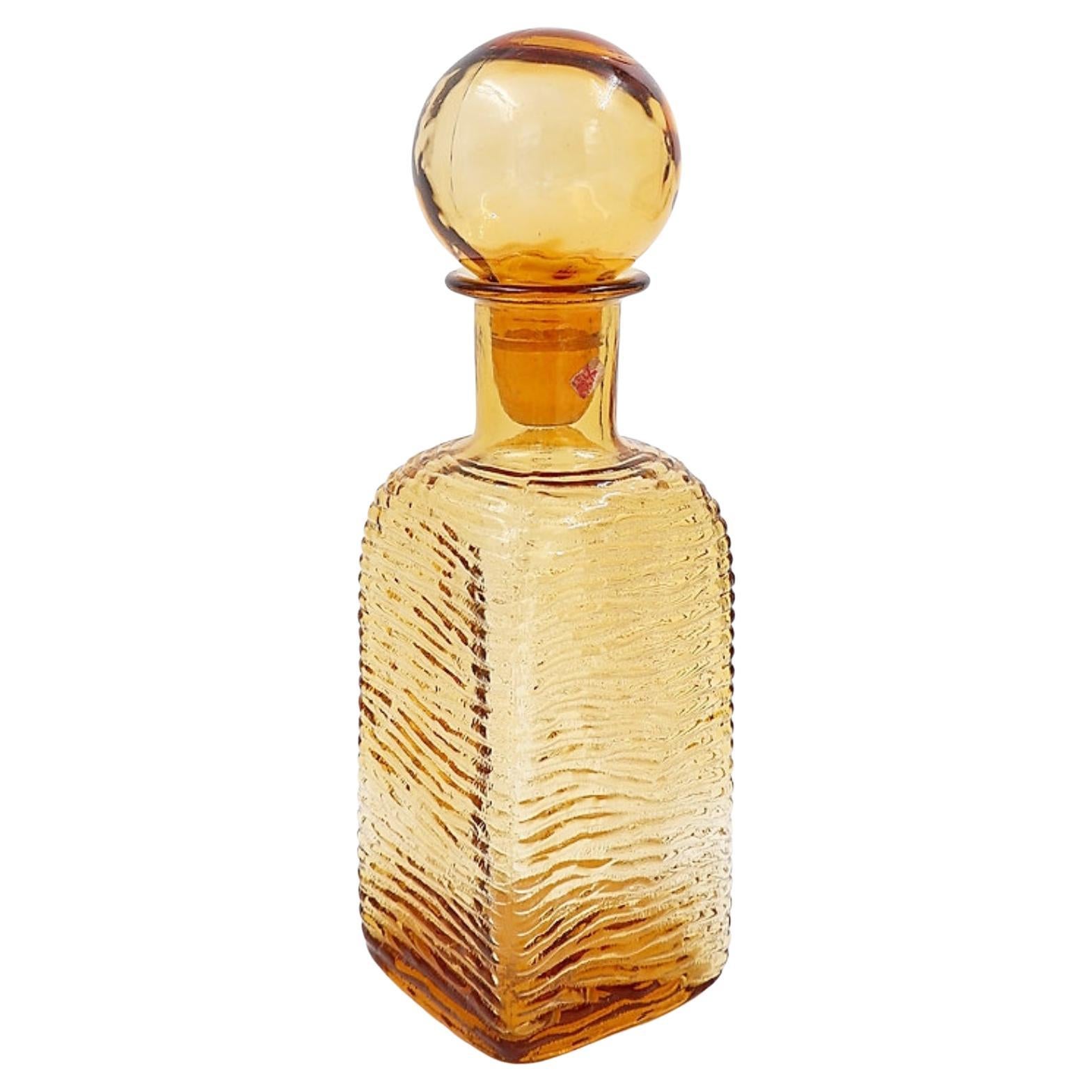 Vintage Amber Wavy Empoli Italian Glass MCM Decanter Round Ball Stopper