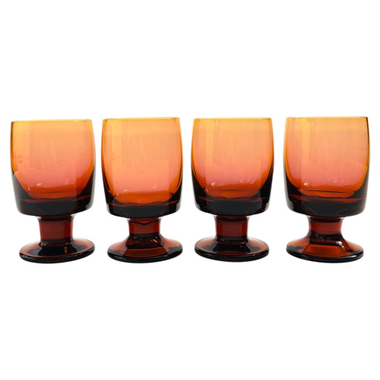Set of 4 Vintage Amber Glass Wine Goblets, Mid-Century Modern