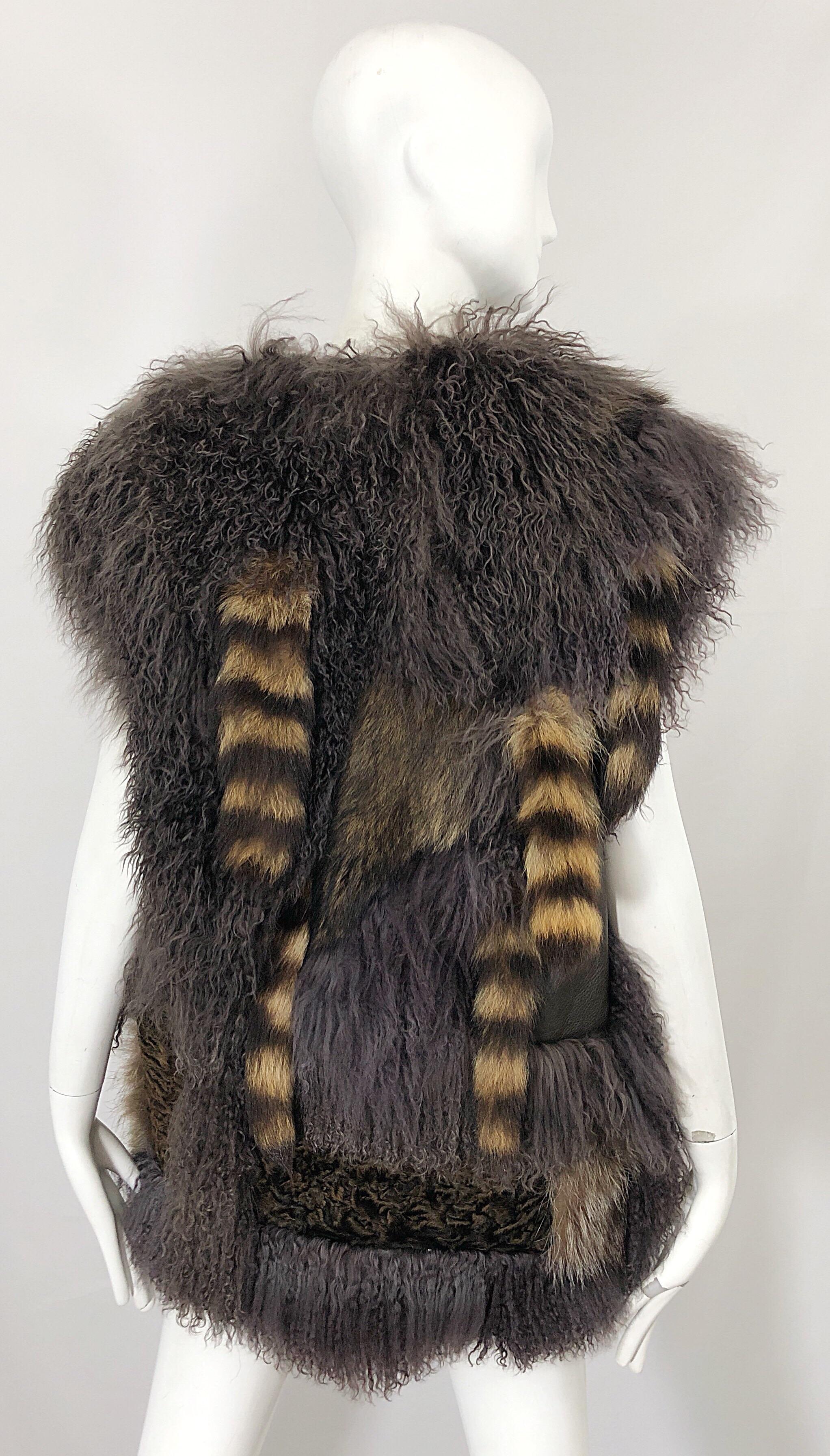 Vintage Amen Wardy 1980s Avant Garde Grey + Brown Mixed Fur Leather Vest Jacket For Sale 6