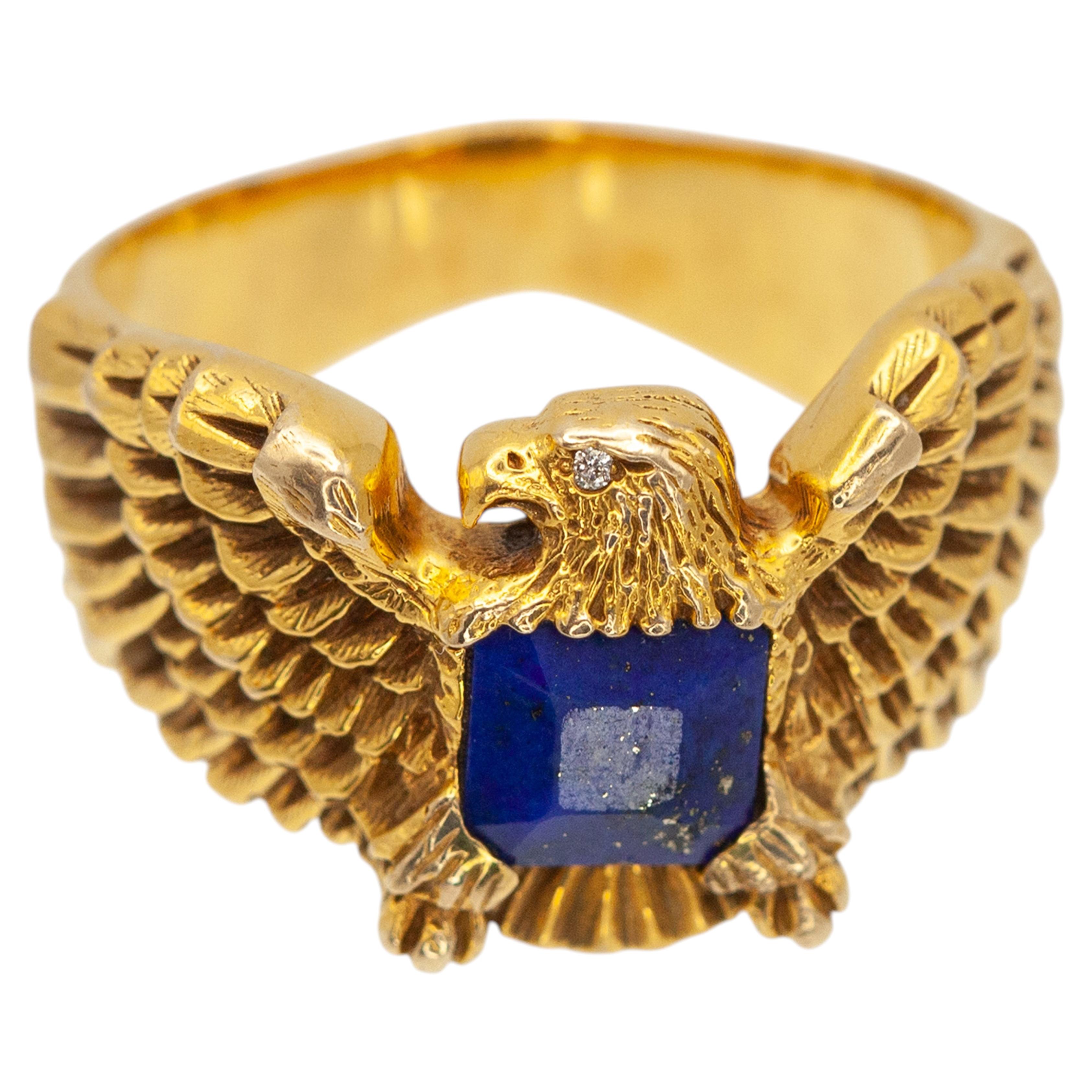 Vintage American 10 Karat Gold Lapis Lazuli and Diamond Eagle Ring