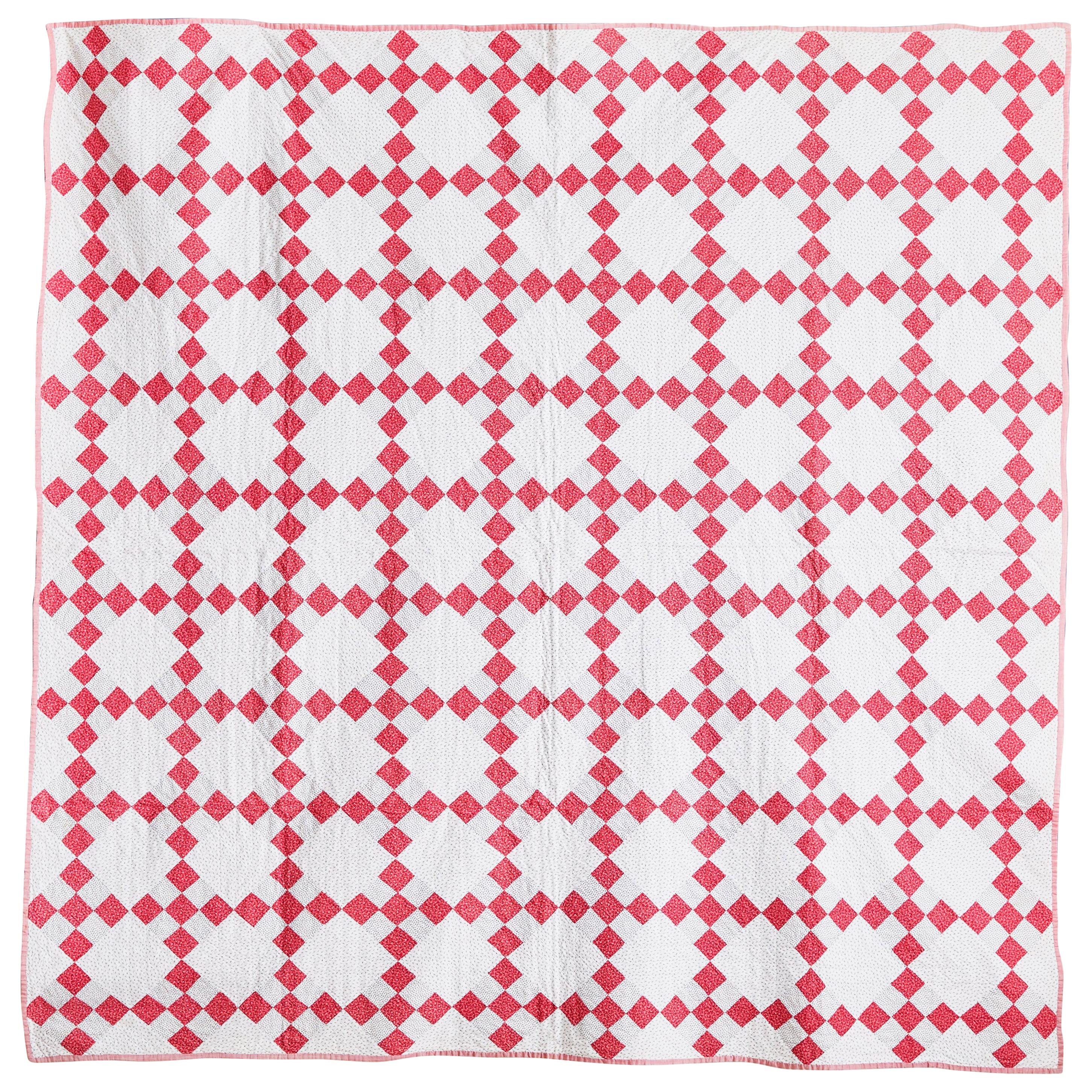 Vintage American 1930s "Nine Patch" Patchwork Quilt in White and Red Patterns