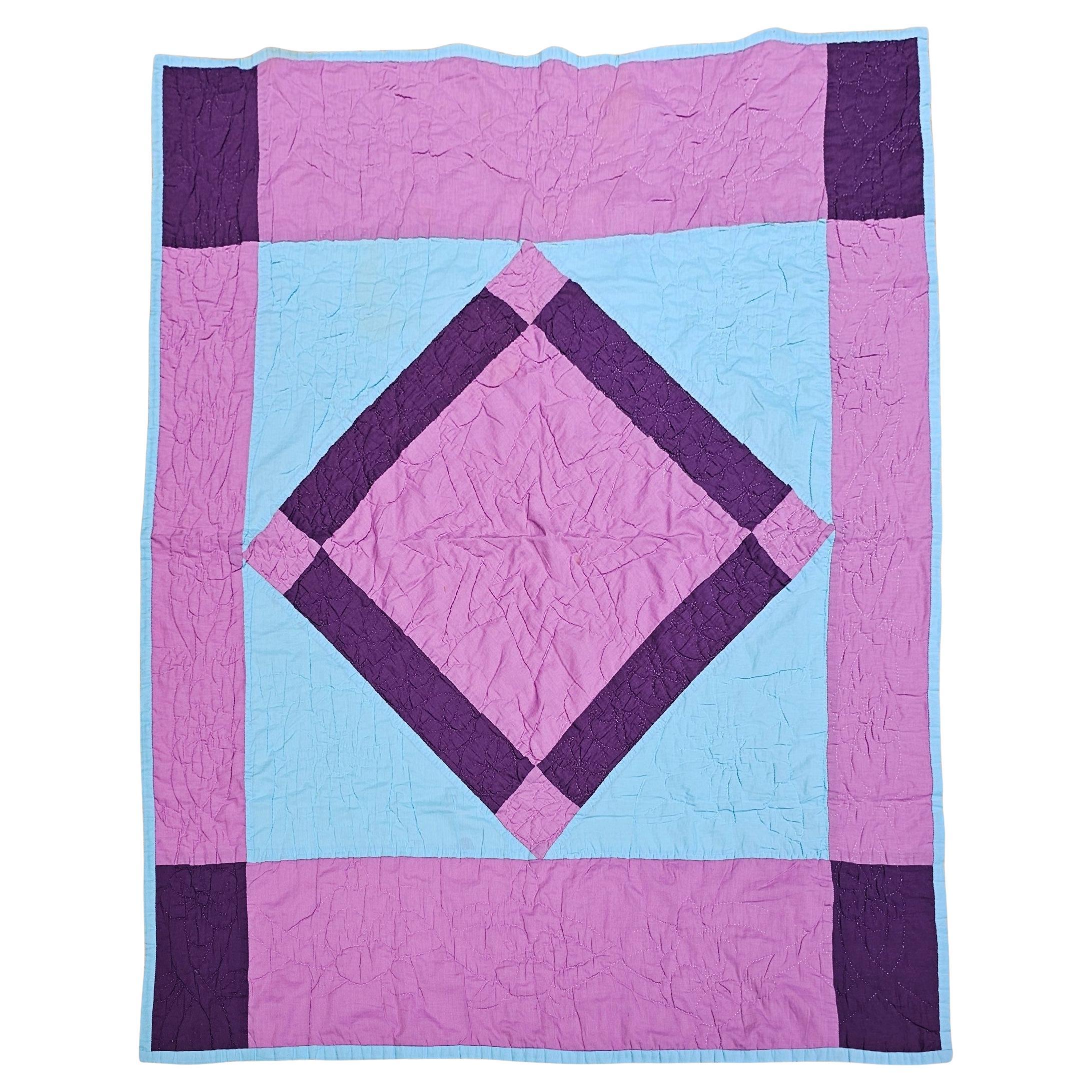 Vintage American Amish “Diamond in a Square” Hand-Stitched Cotton Quilt