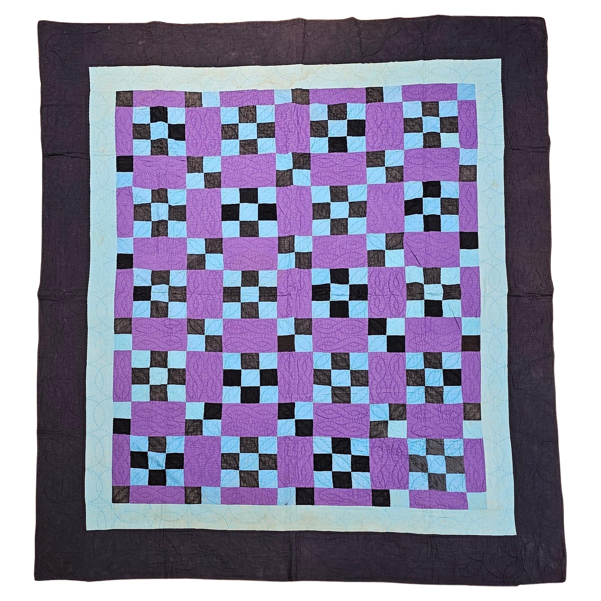 Vintage American Amish “Nine Patch” Hand-Stitched Patchwork Quilt