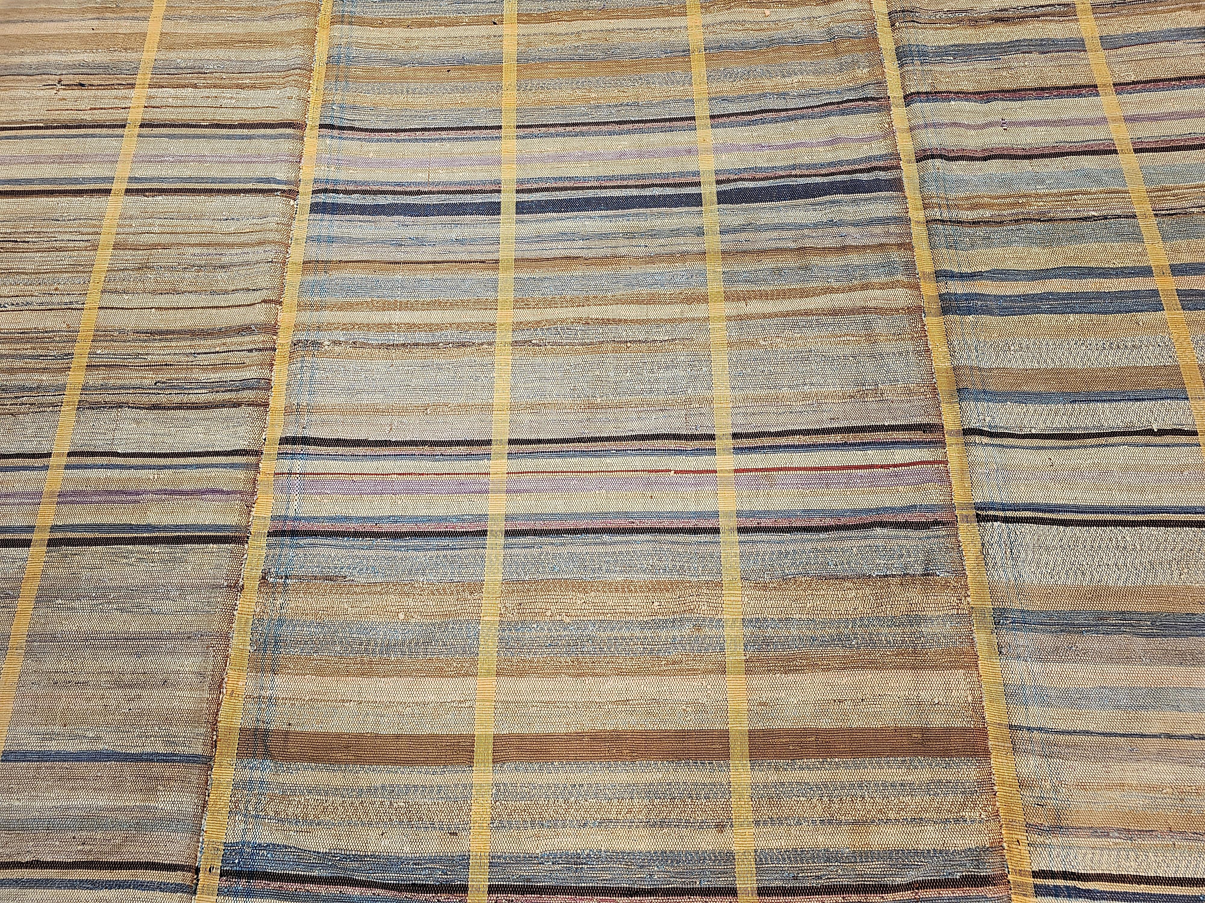 Vintage American Amish Rag Rug in Stripe Pattern in Blue, Green, Purple,  Brown In Good Condition For Sale In Barrington, IL
