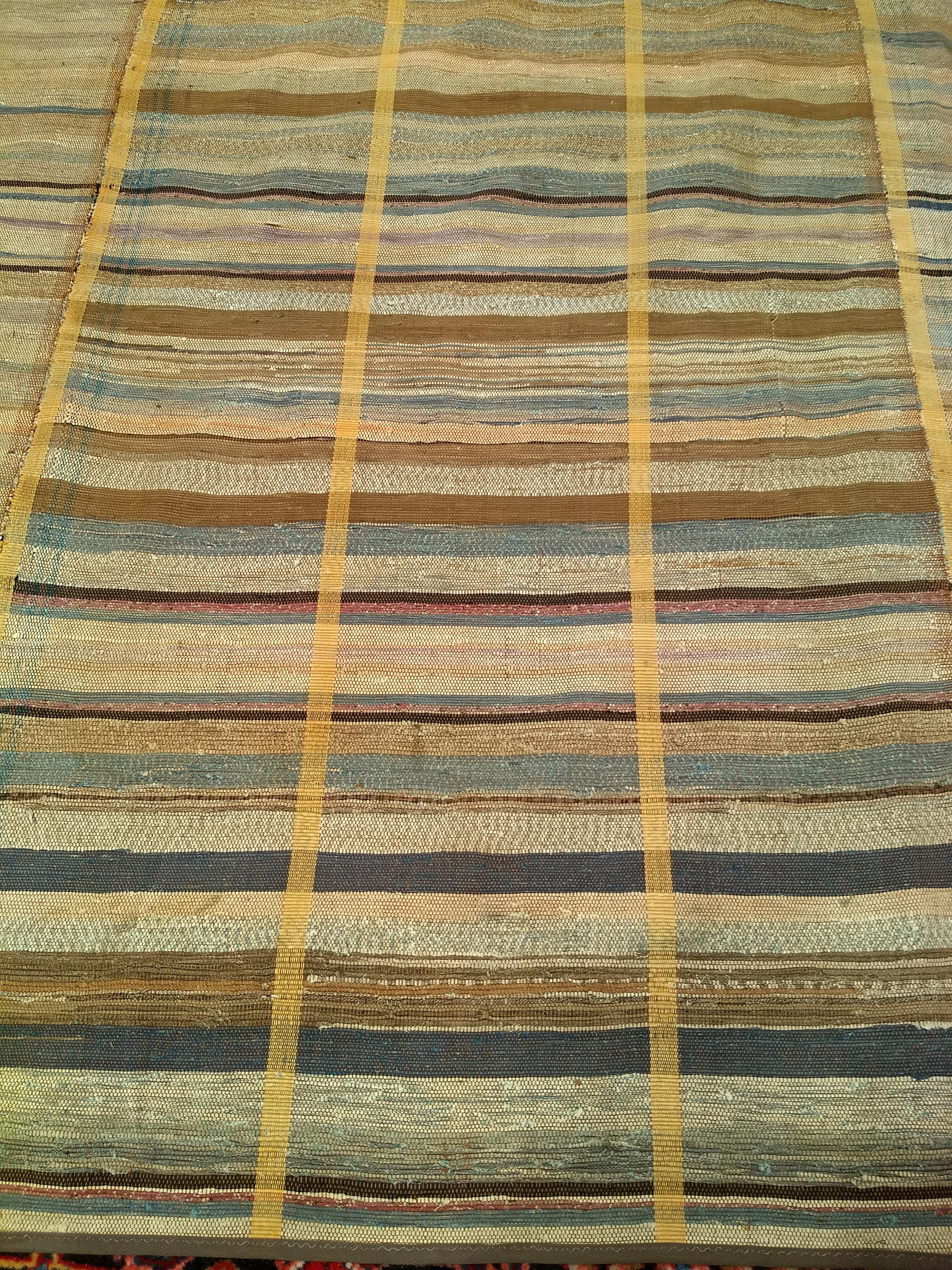 Cotton Vintage American Amish Rag Rug in Stripe Pattern in Blue, Green, Purple,  Brown For Sale