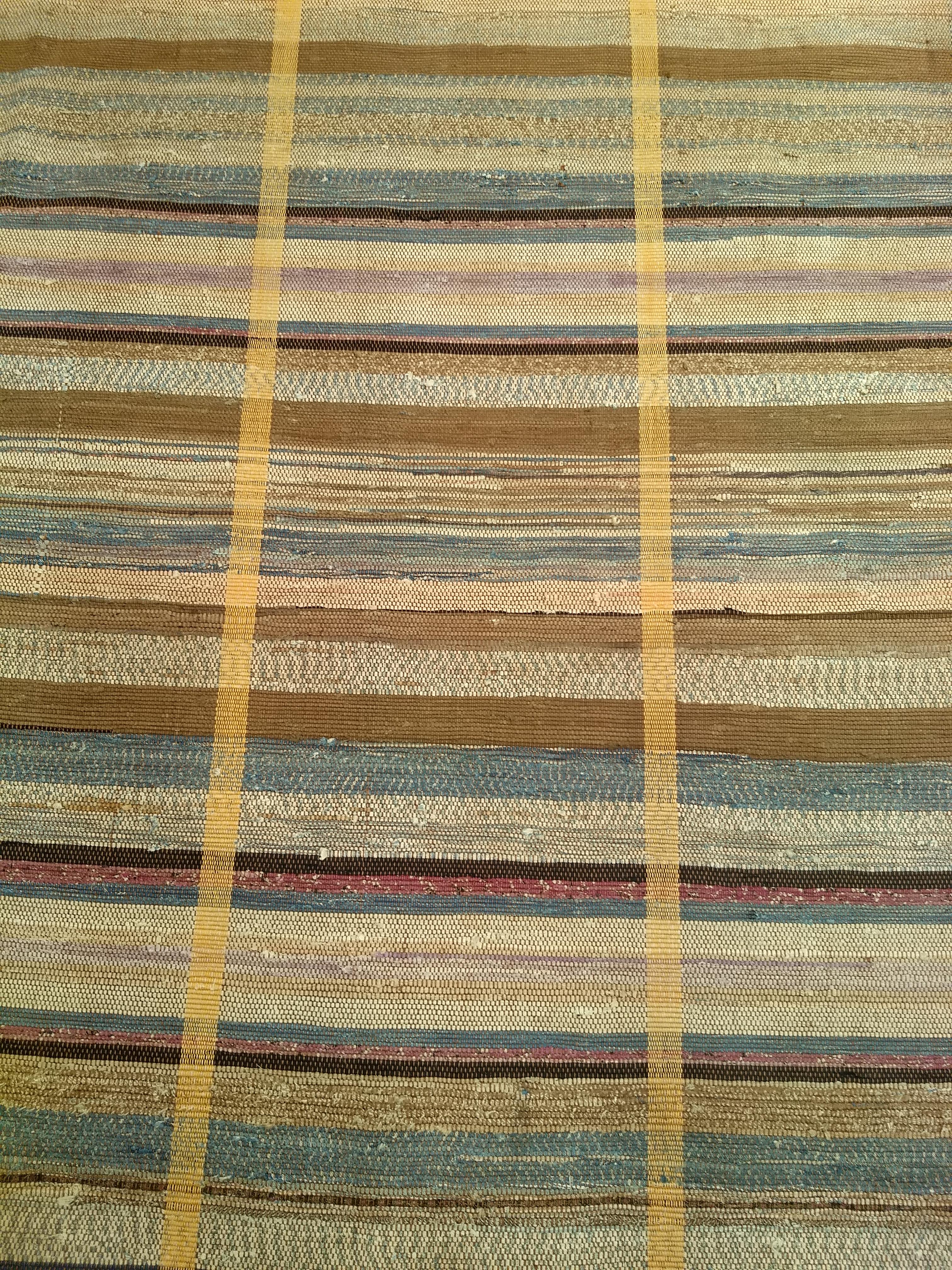 Vintage American Amish Rag Rug in Stripe Pattern in Blue, Green, Purple,  Brown For Sale 1