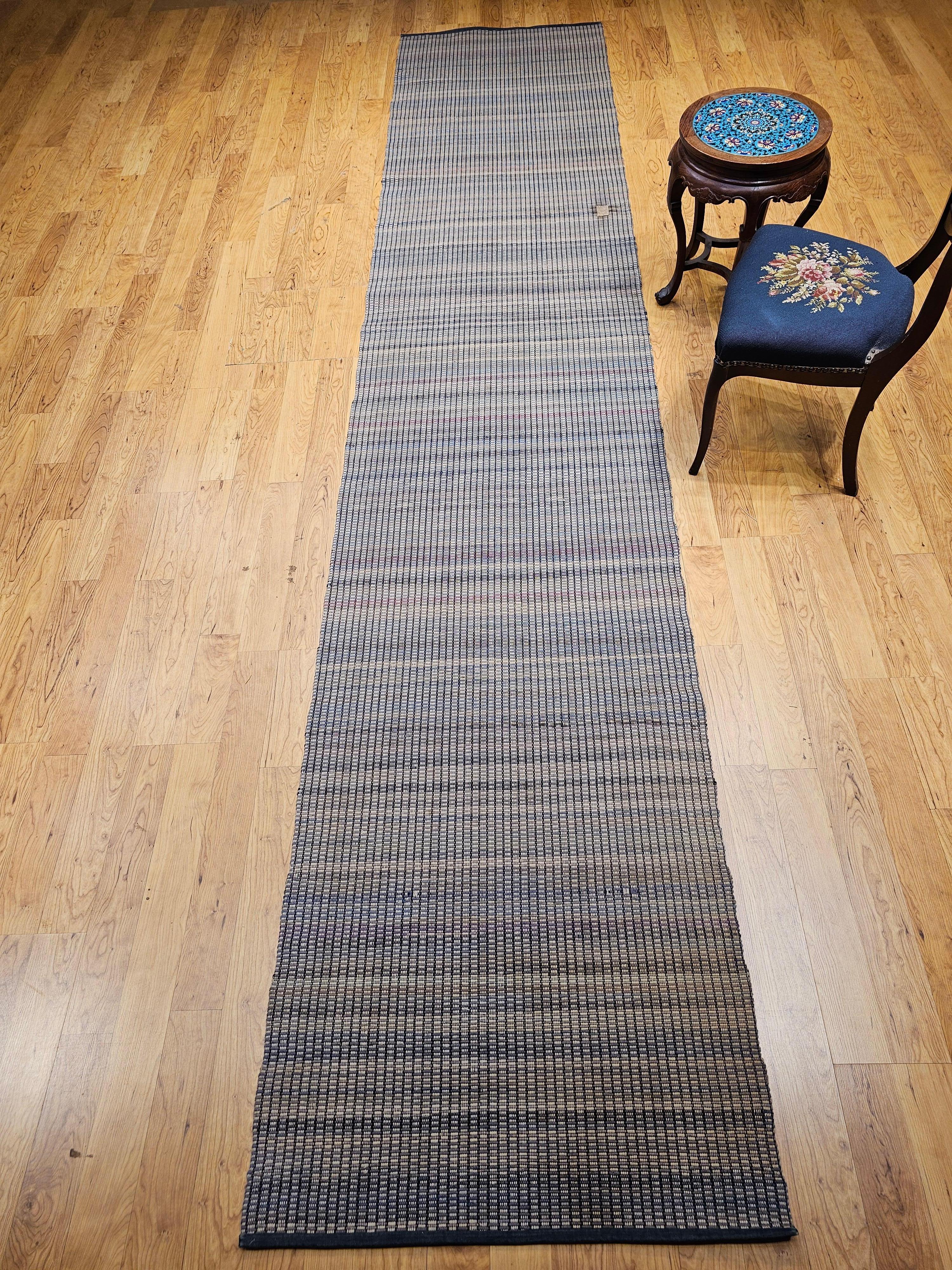 Vintage American Amish Rag Runner is in stripe design and has a very modern design format and can be incorporated into any modern interior design project. This Amish Rag Runner has a striped pattern in gray, denim blue, navy blue, pink, yellow, red,