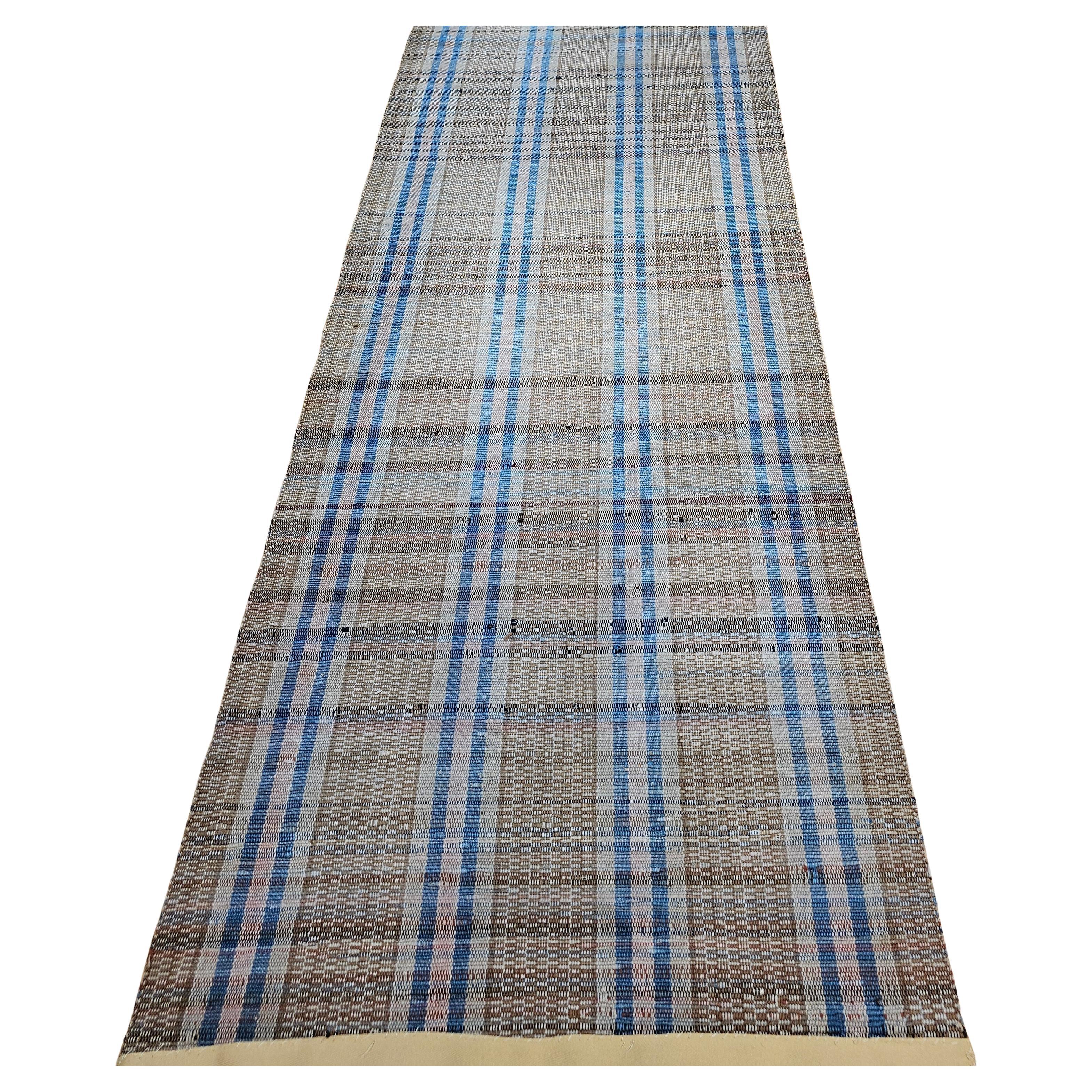 Vintage Hand-Woven Amish American Rag Runner in Pale Blue, Pink, and Wheat