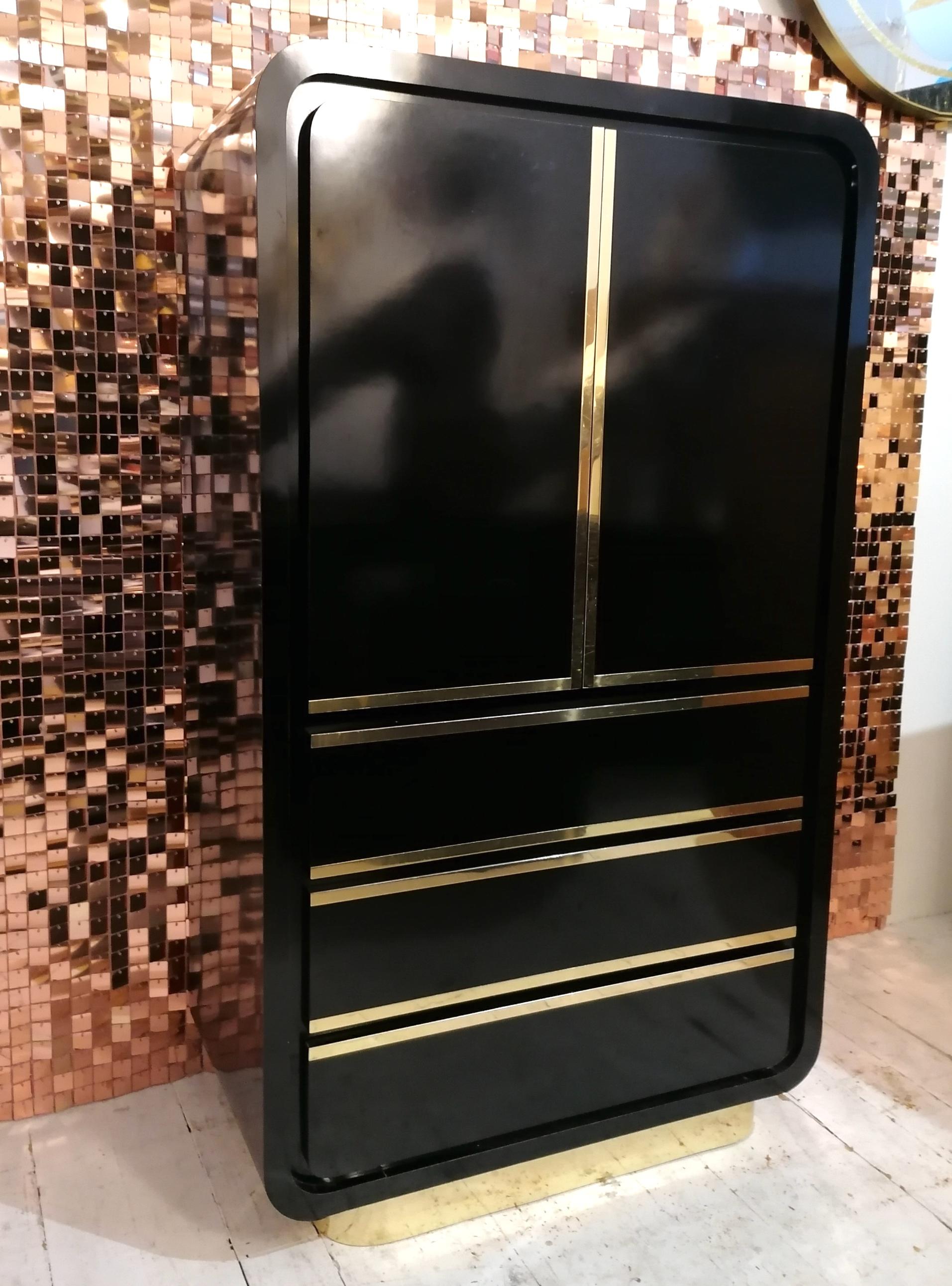 Art Deco Vintage American art deco revival black & gold tall cabinet / tallboy 1980s For Sale