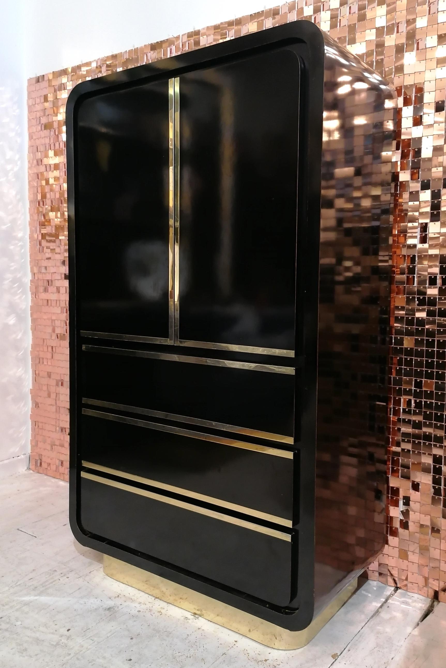 Vintage American art deco revival black & gold tall cabinet / tallboy 1980s In Good Condition For Sale In Hastings, GB