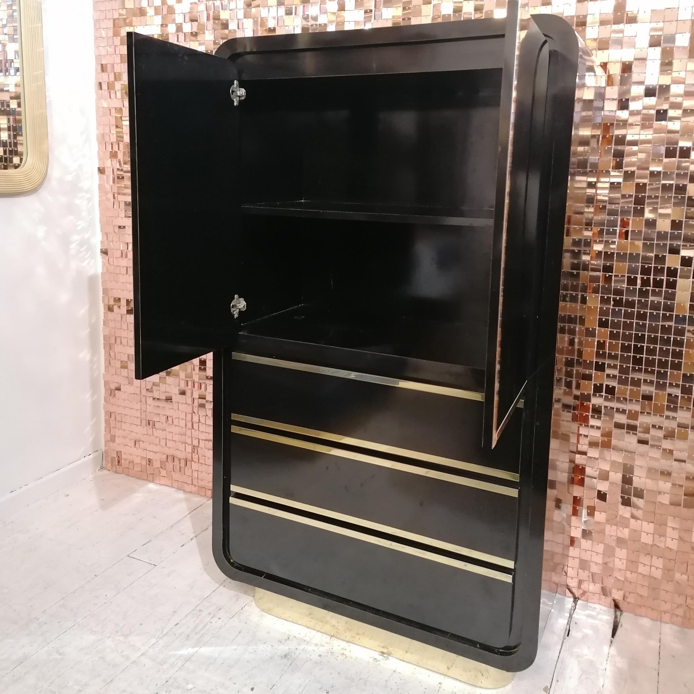 Vintage American art deco revival black & gold tall cabinet / tallboy 1980s For Sale 1