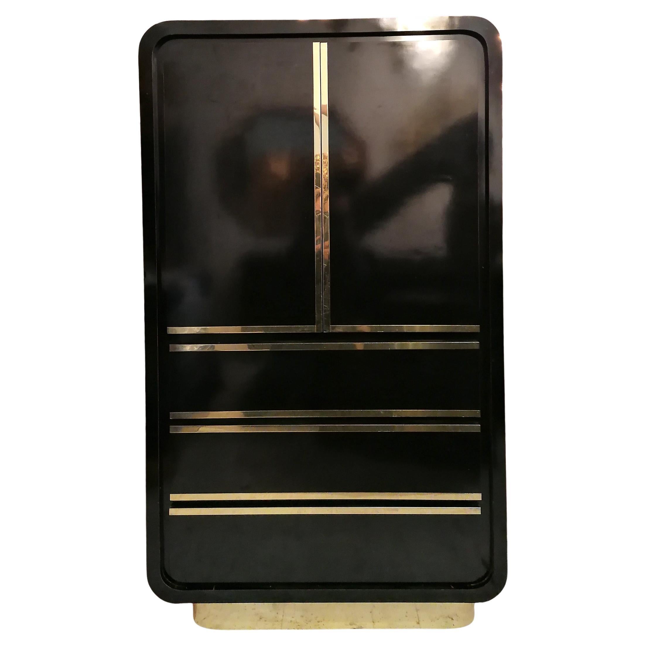 Vintage American art deco revival black & gold tall cabinet / tallboy 1980s For Sale