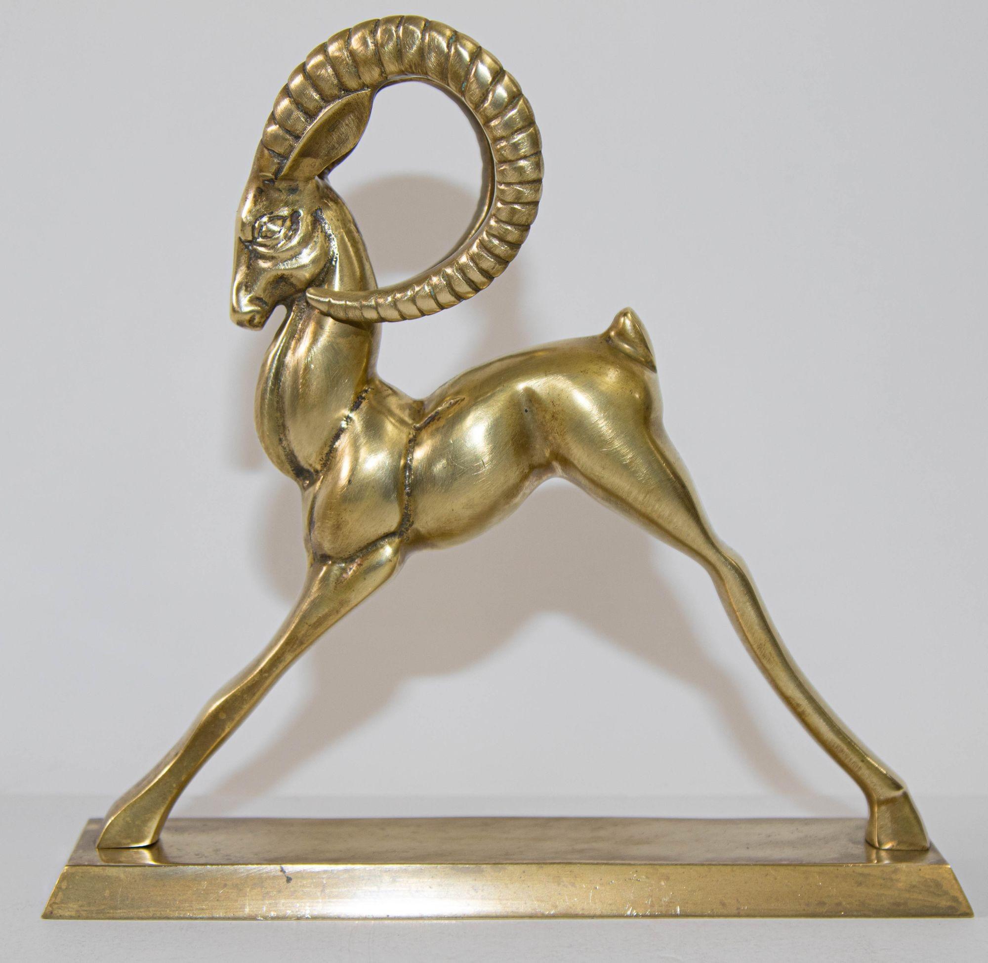 Vintage French Art Deco Style Sculpture of Brass Ibex Antelope 5