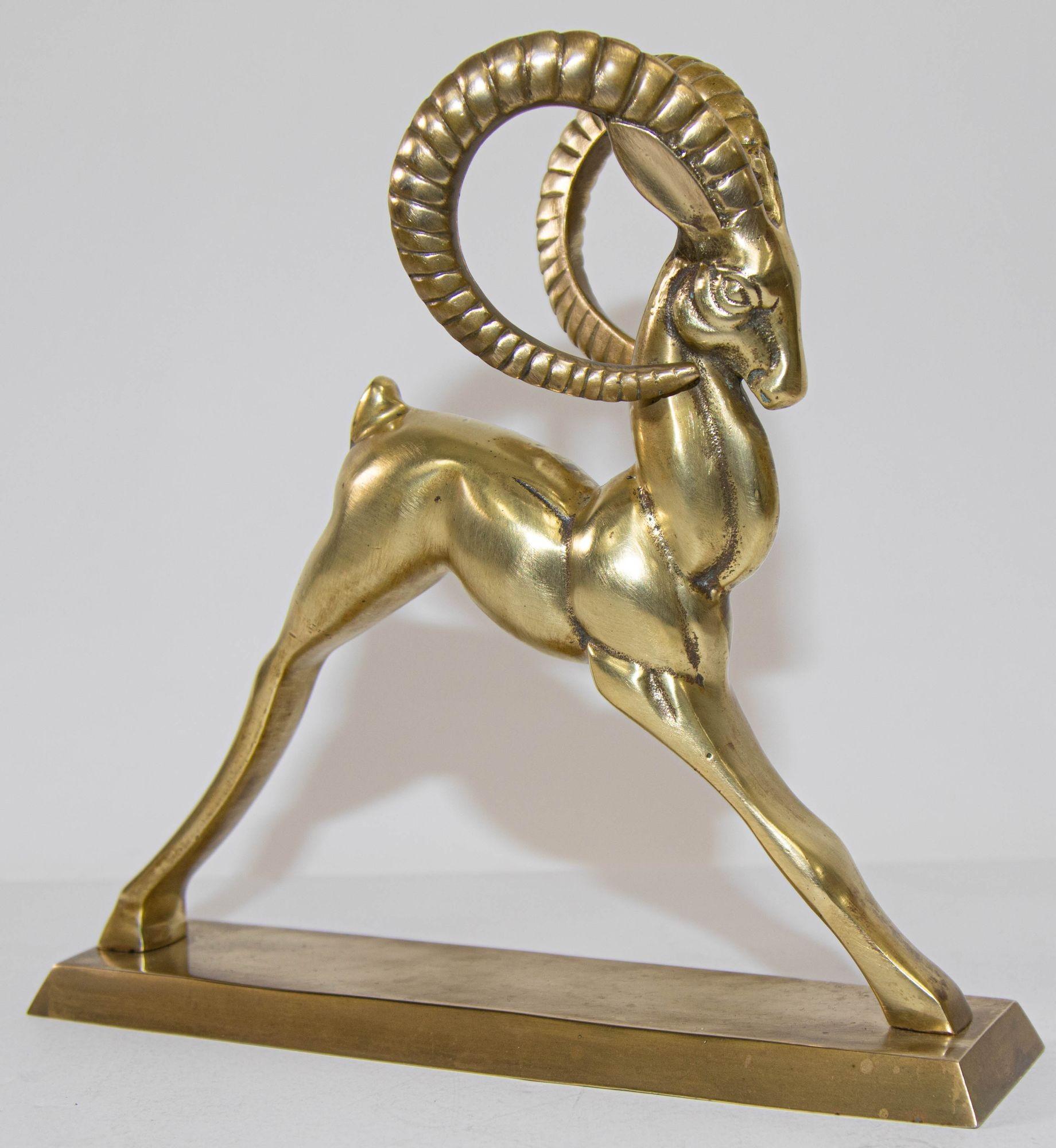 Hollywood Regency Vintage French Art Deco Style Sculpture of Brass Ibex Antelope