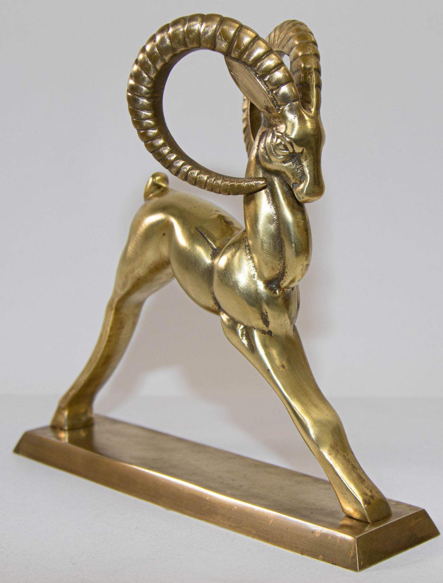 20th Century Vintage French Art Deco Style Sculpture of Brass Ibex Antelope