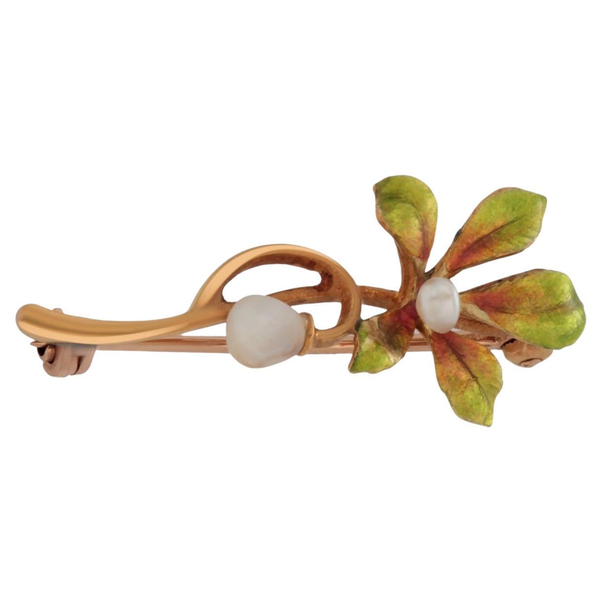 Vintage American Art Nouveau 14K Yellow Gold Enamel and Pearl Lapel Brooch