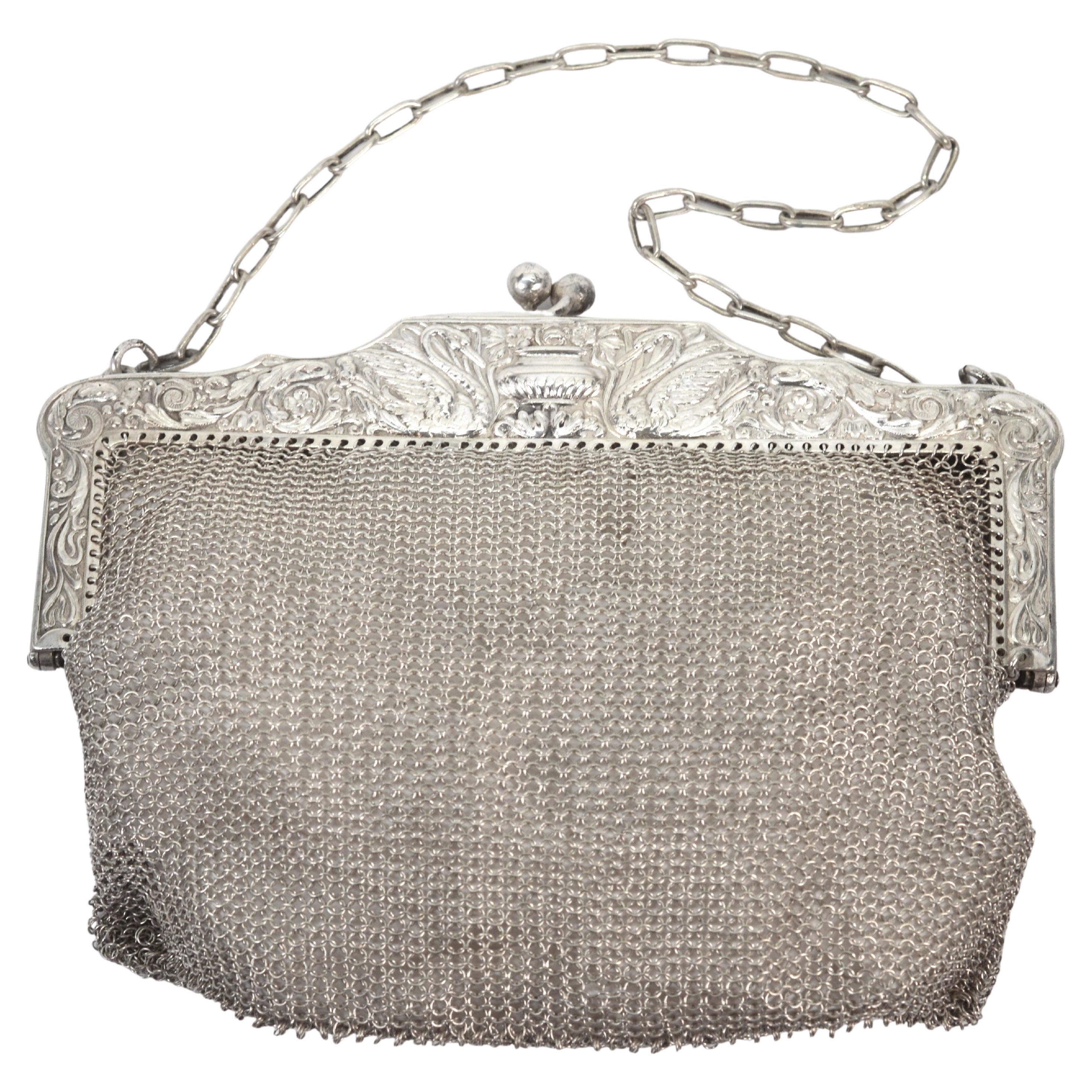 Bolso de malla de plata Art Nouveau americano vintage