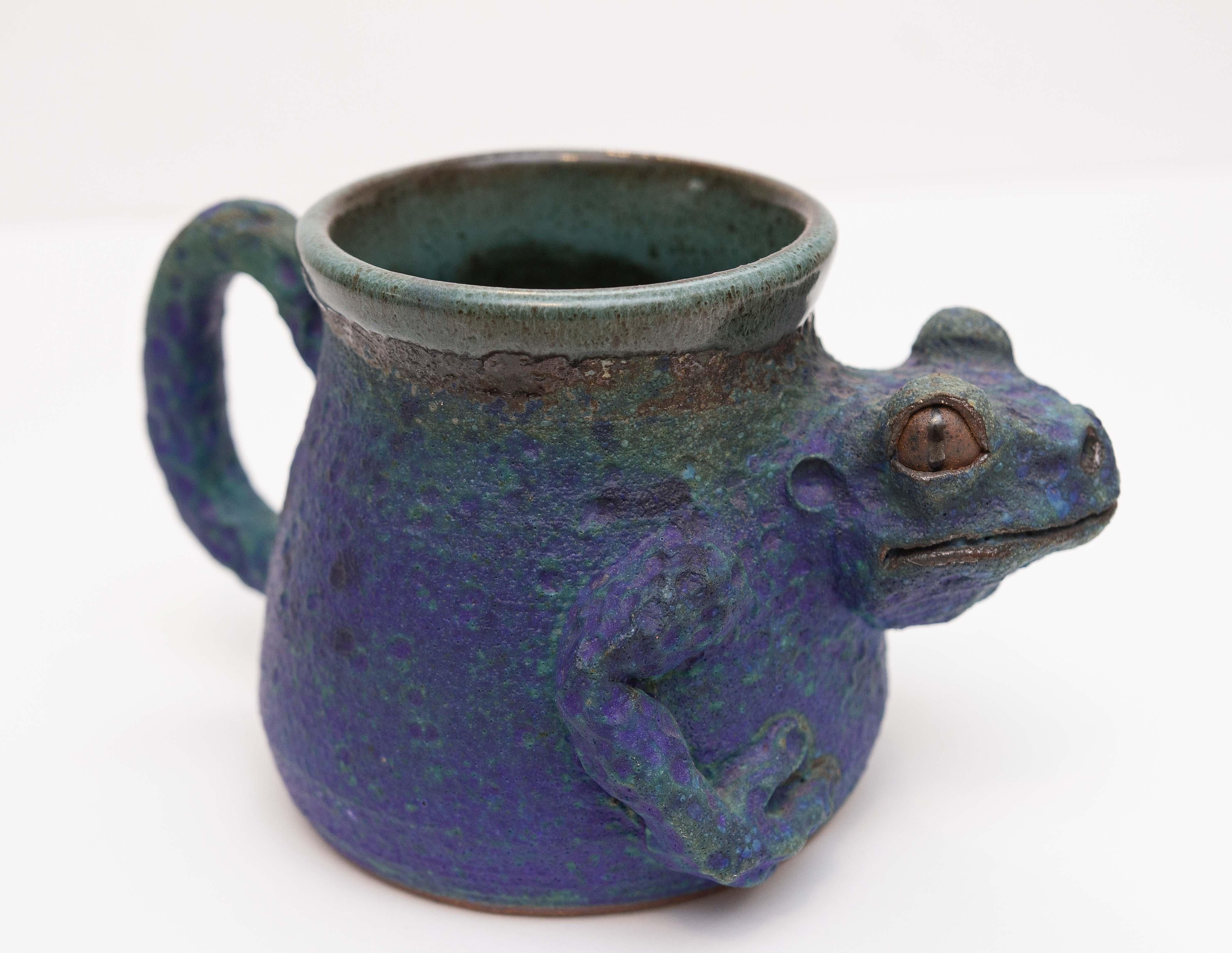 Exotic art pottery frog mug. Rich blue and green colors. Hand made. Signed and dated 1995.
