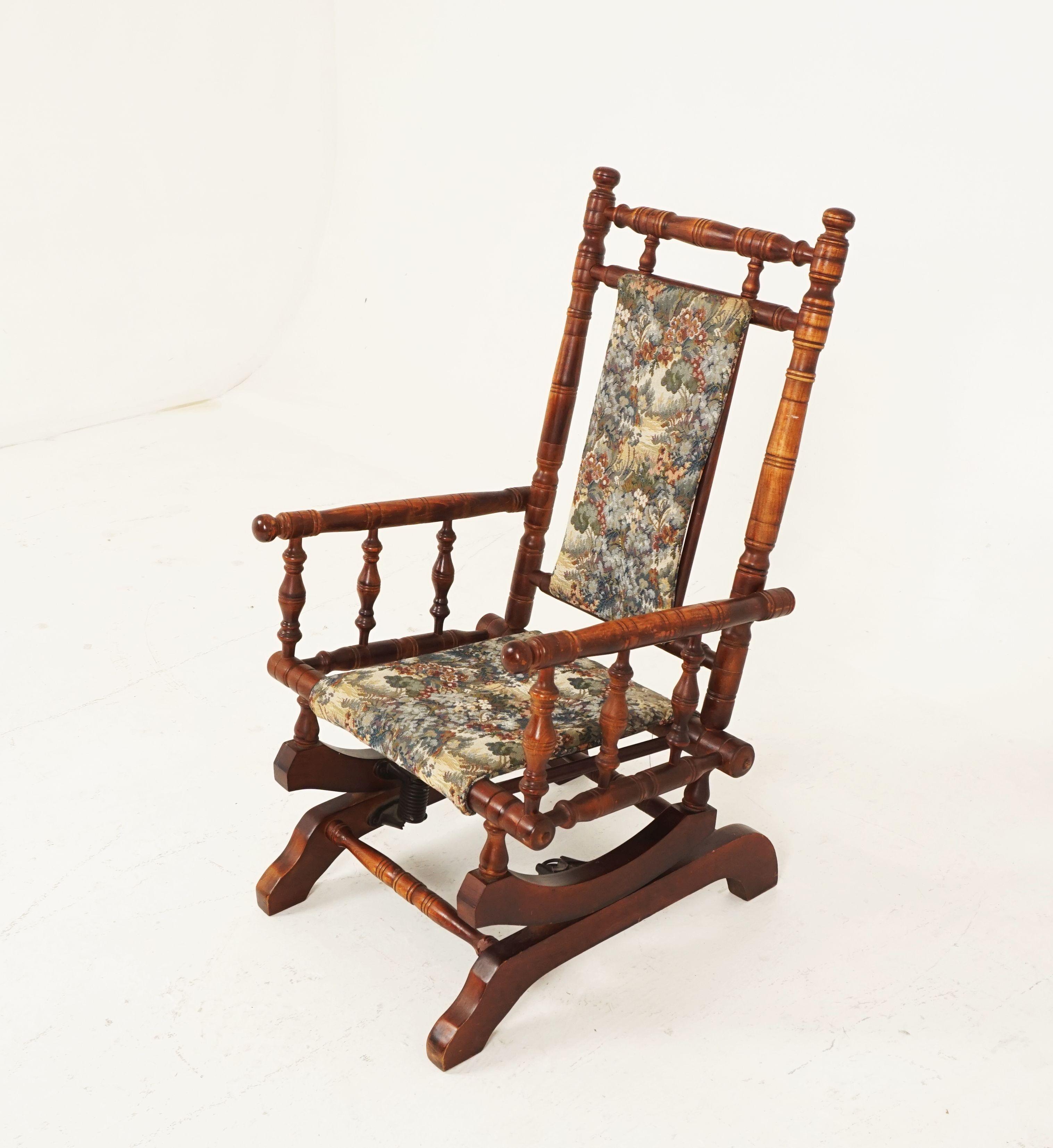 Vintage American beechwood child's platform rocking chair, Scotland 1970, H192

Scotland 1970
Solid beechwood 
Original finish
Padded back with new fabric
Double turned rails to the back
Upholstered seat
Sitting on a static platform base
The base