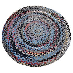 Vintage American Braided Round Rug in Red, Blue, White, Gray, Yellow, Navy